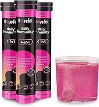 Tonic Health Daily Immunity Tablets - 4-in-1 Effervescent Multivitamins, Minerals & Phytonutrients - Vitamin D, Vitamin C and Zinc - Vegan, No Sugar- Max Strength Tablets, Raspberry & Lemon, 60 Count