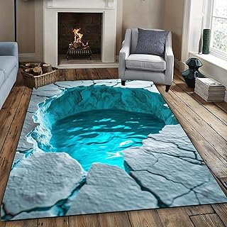 3D Wüstenrisse Teppiche für Wohnzimmer, 100x150cm, Teich Blaues Wasser Kinderteppich, Optische Täuschung Muster Einfache Reinigung Faltbar Knickfrei Flurteppich für Innenansicht Korridor