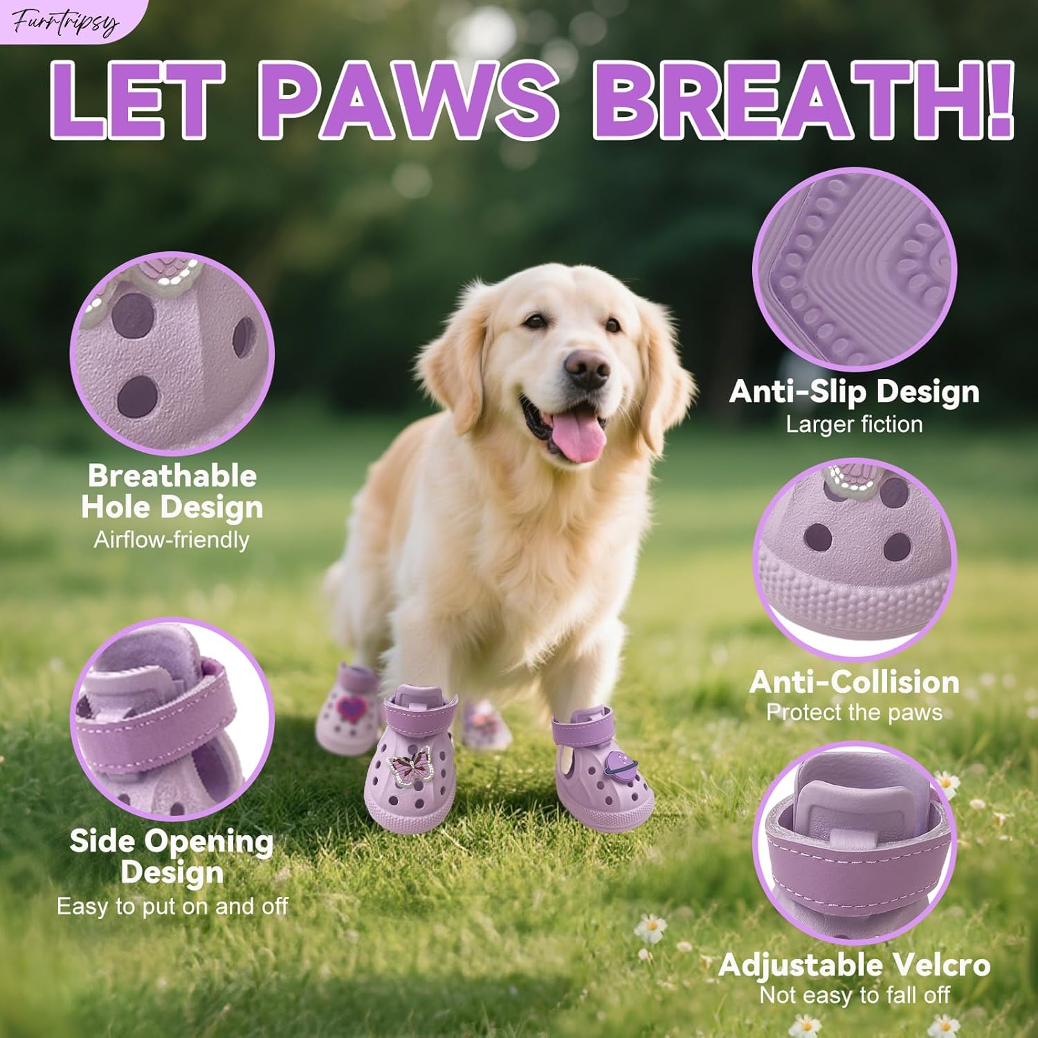 Dog Shoes,Non-Slip Waterproof Sandals for Hot Pavement, Breathable Perforated Boots,Adjustable Straps Dog Rain Booties for Summer Beach and Rainy Day(Purple,#8)