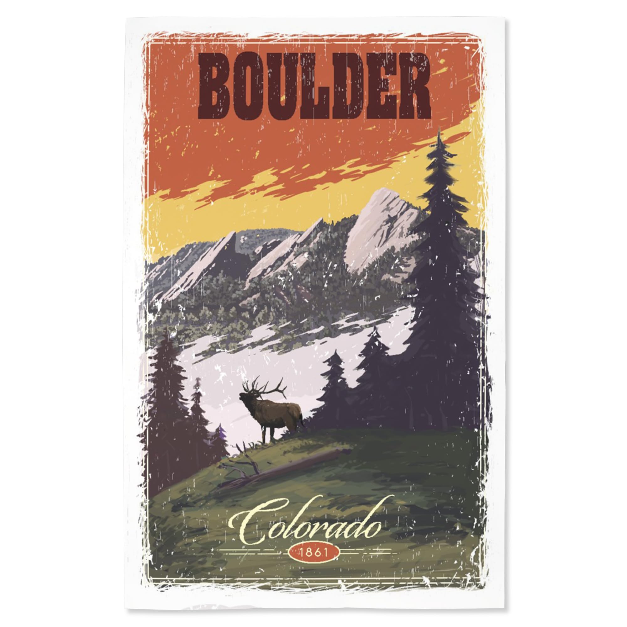 Lantern Press 16x24 Inch Giclee Art Print Wall Decor, Boulder, Colorado, Mountain View and Elk, Distressed