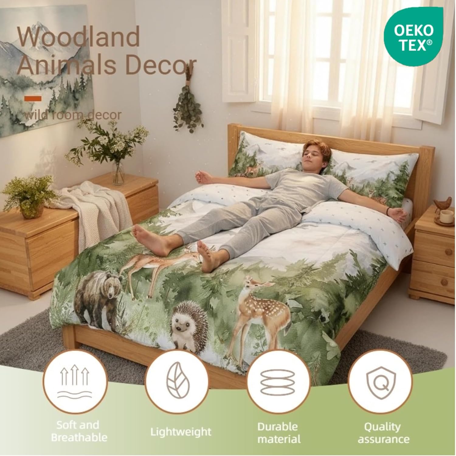 Erosebridal Giant Mountain Forest 7 Piece Comforter Set Queen Woodland Deer Bear Hedgehog Birds Bedding Set Jungle Wild Animal Pine Trees Comforter Wildlife Hunting Botanical Sheets for Kids Boys