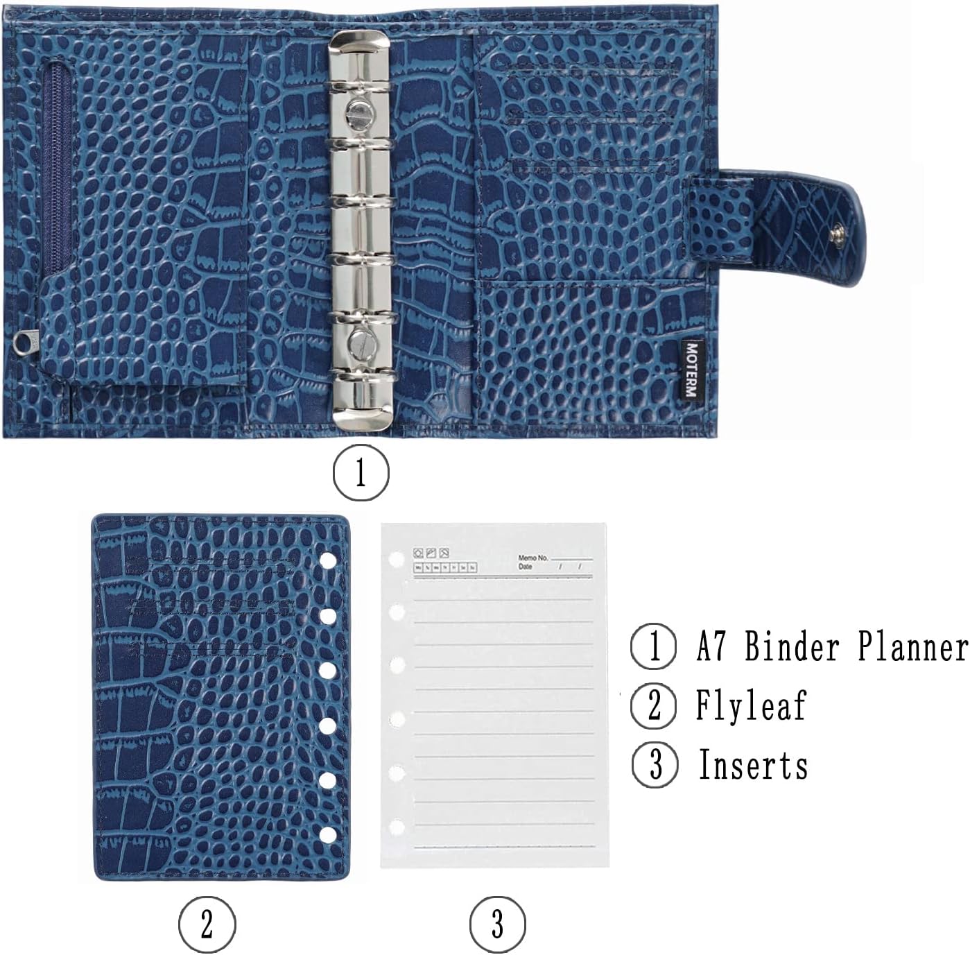 Moterm Pocket Regular Rings Planner - Genuine Leather Binder Organizer (Croc-Blue, 19mm Ring)