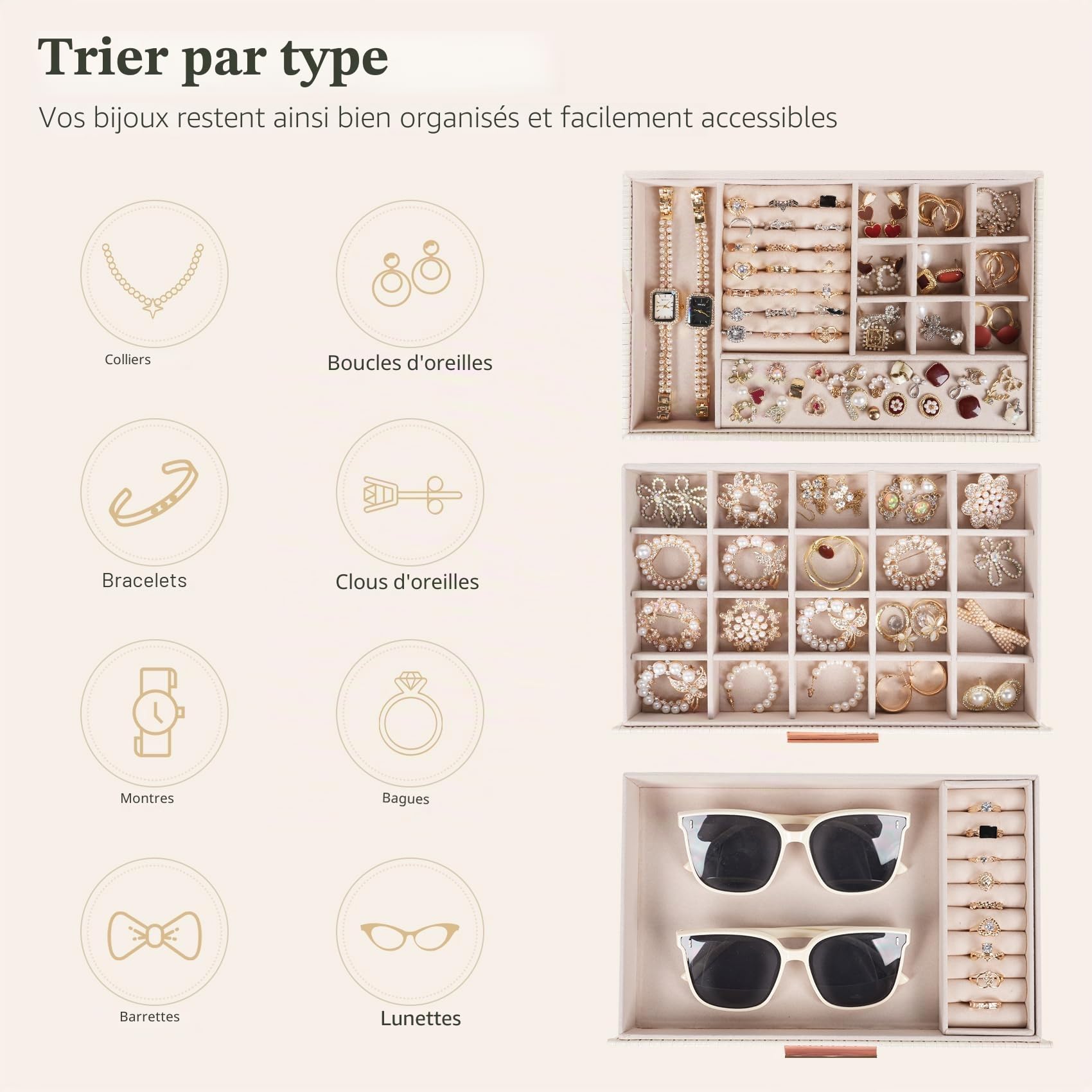Dajasan Boite a Bijoux Femme, Boite à Bijoux avec 2 Tiroirs, 3 Niveaux Grande Boîte à Bijoux pour Coiffeuse, Cuir PU Imperméable Grain Vertical, Modern, Idée Cadeau pour Femme (Beige)