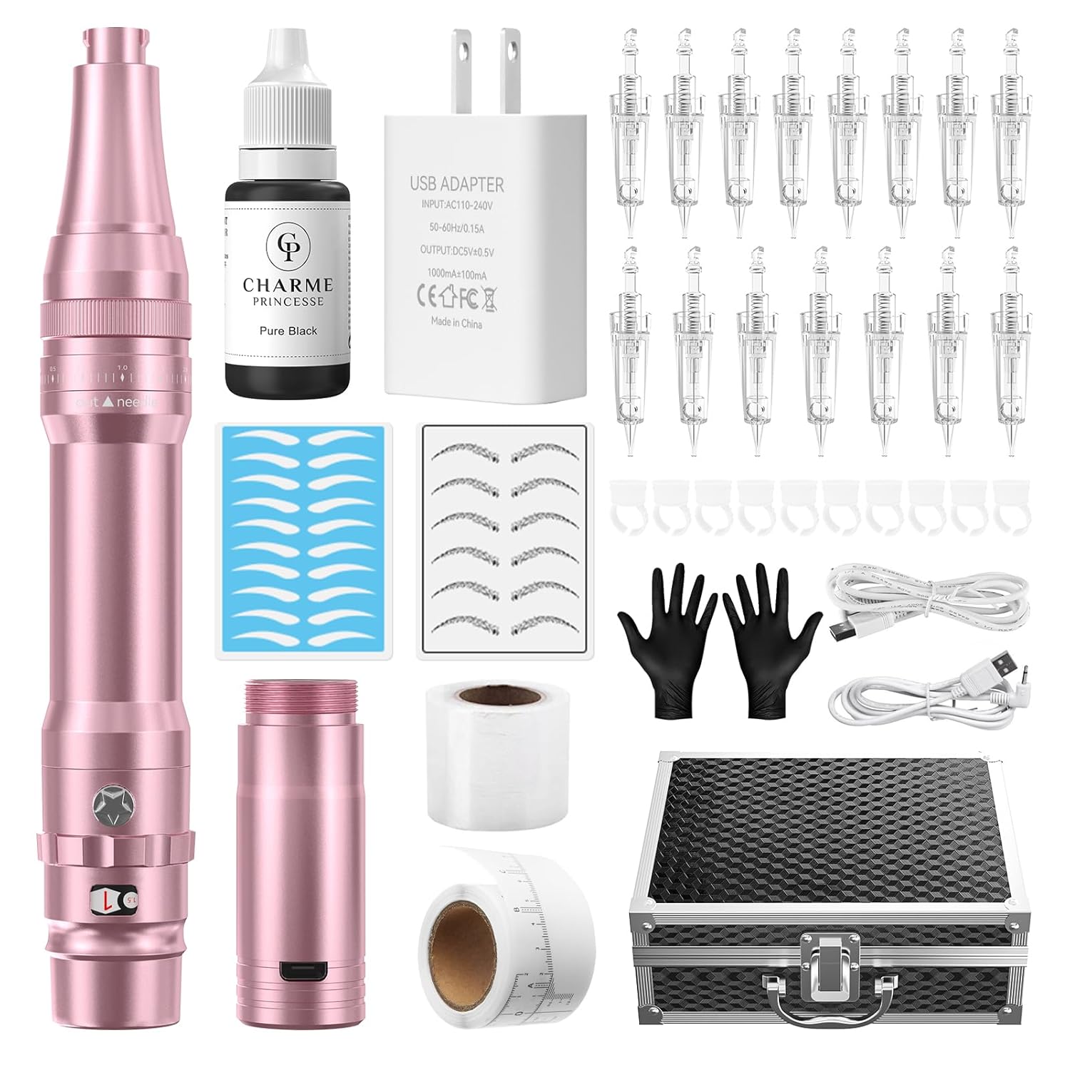 Charme Princesse Wireless Permanent Makeup Machine Kit Rotary Eyebrow Pen Machine With 15pcs 1R/1P Needles Supply for Eyebrow Lip Eyeliner EK403-4-US-FBA24