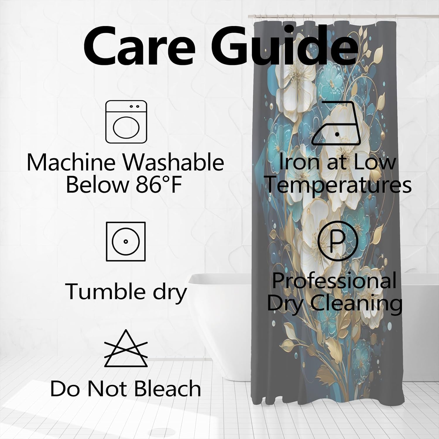 Floral Shower Curtain for Bathroom White Teal Blue Flowers Gold Leaves Shower Curtain Set with Hooks Abstract Black Bathtub Decor Waterproof Fabric Curtains 72x78inches