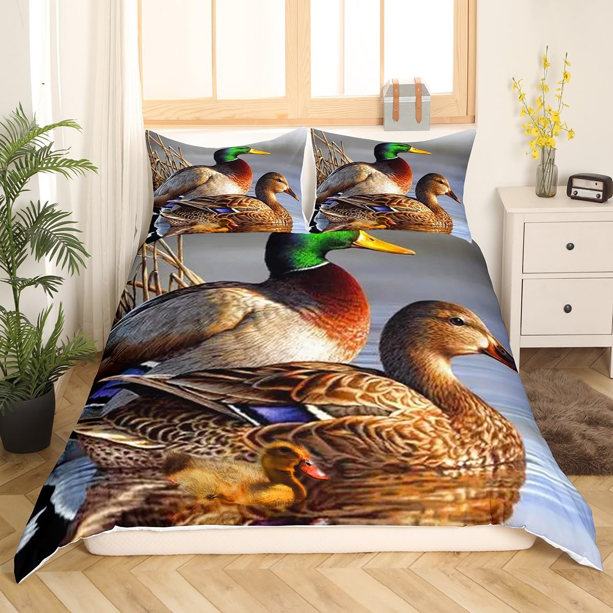Homemissing Mallard Duvet Cover Boys Girls Duck Pattern Bedding Set For Kids Farm Animals Comforter Cover Set Natural Theme Green Bedspread Cover Room Decor Bedclothes Zipper King - Image 3