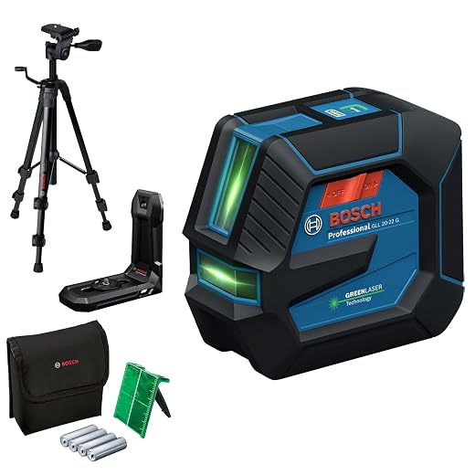 Bosch Professional Nivel láser GLL 20-22 G (soporte LB 10, láser verde, uso en interiores, doble fuente de alimentación, 2 pilas LR6 de 1,5 V, bolsa protectora, trípode BT 150)