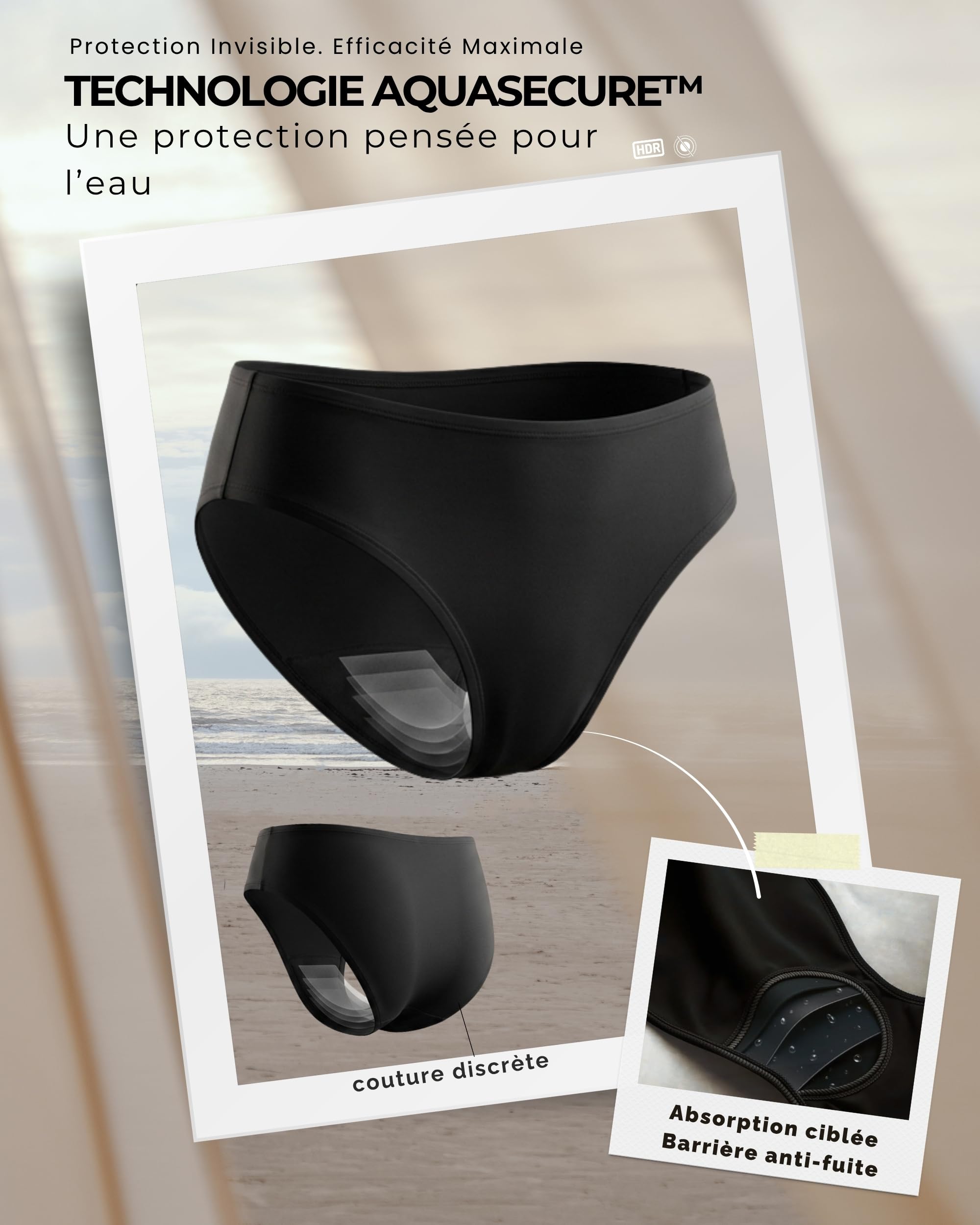 Maillot de Bain Menstruel pour Femme et Adolescente, Technologie AquaSecure | Flux Léger à Moyen | Protection Menstruelle Anti-UV Piscine & Mer | Bas de Maillot | Réutilisable & Écologique, Oeko-TEX