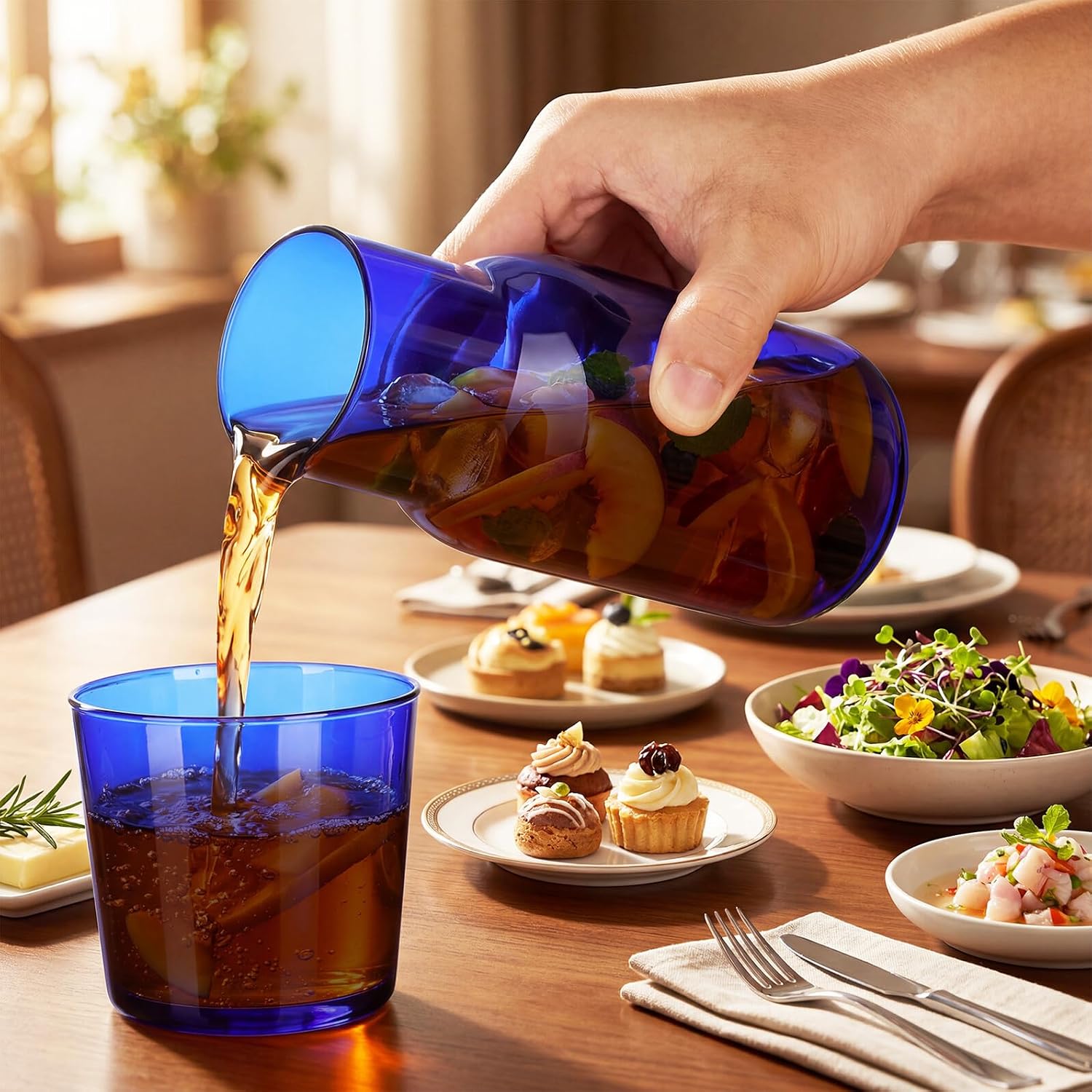 Blue Glass Drinkware Set with 1 Cup and 1 Bottle Large Capacity