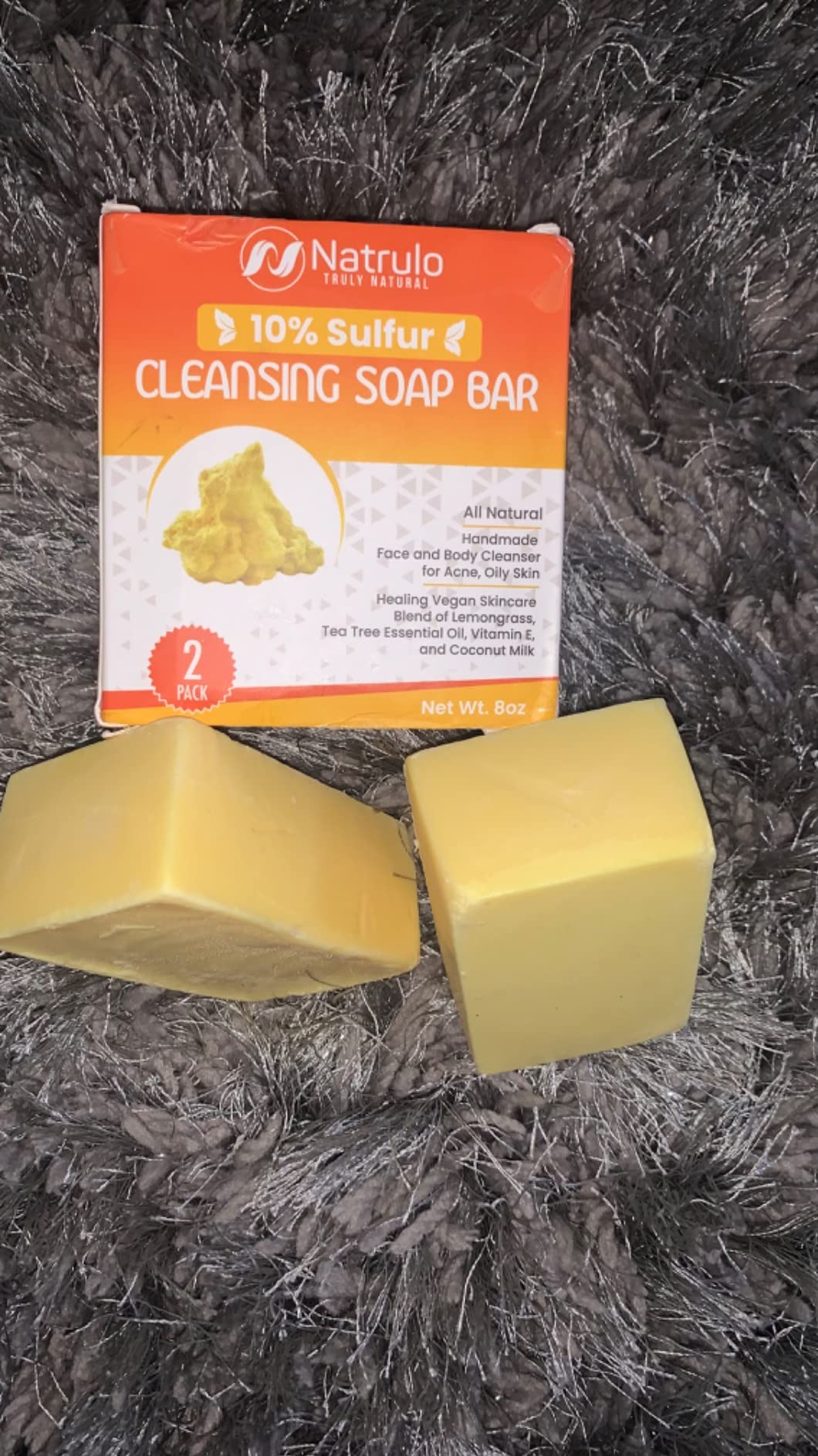 Natrulo 10% Sulfur Soap Cleansing Bar for Face & Body – All Natural Facial Cleanser for Acne, Oily Skin – Healing Skincare Blend of Lemongrass, Tea Tree Essential Oil, Vitamin E, Coconut Milk – Made in USA