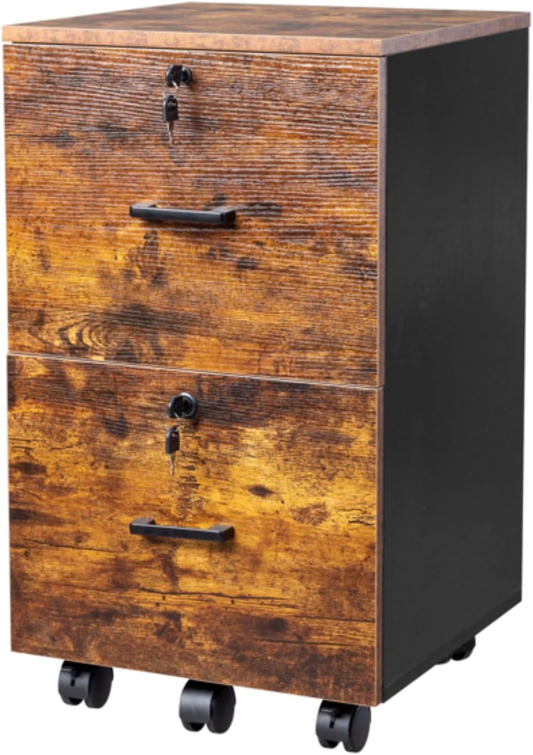 Black and Brown Wooden Filing Cabinet, Storage Cabinet, MDF with Triamine, 2 Drawers, 360° Wheels, Suitable for A4+Letter Labeled Files