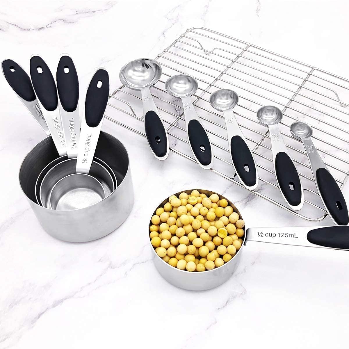 Set Of 10 Stainless Steel Measuring Spoons and Cups with Silicone Handles,Solid-Liquid Measuring Cup and Measuring Spoon Set(Black)
