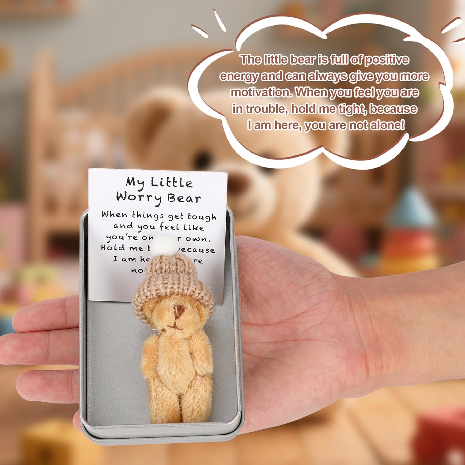 3 Set of Mini Bears, Brown Little Bear in a Box with Encouraging Card and Iron Case Tiny Soft My Little Worry Bear Perfect Pocket Dolls Desk Decor for Family Friends Thoughtful Positive Gifts - Image 5