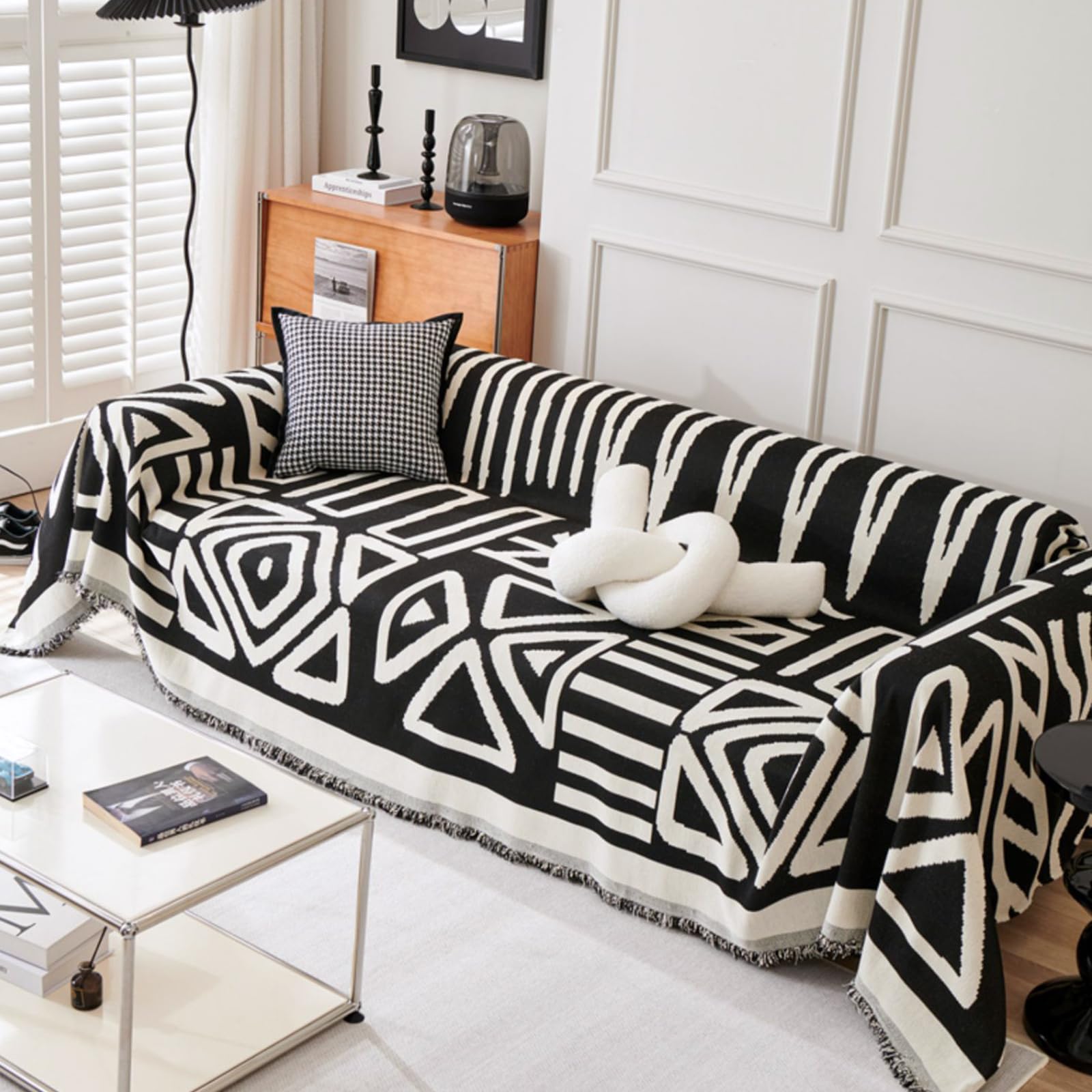DREAMLANDING Sofa Covers Soft Durable Chenille Sofa Couch Covers Slipcovers Furniture Protector with Tassel for 1 2 3 Seater Loveseat L-shape Corner Futon Sofas for Dog(Boho Black,180x340cm)