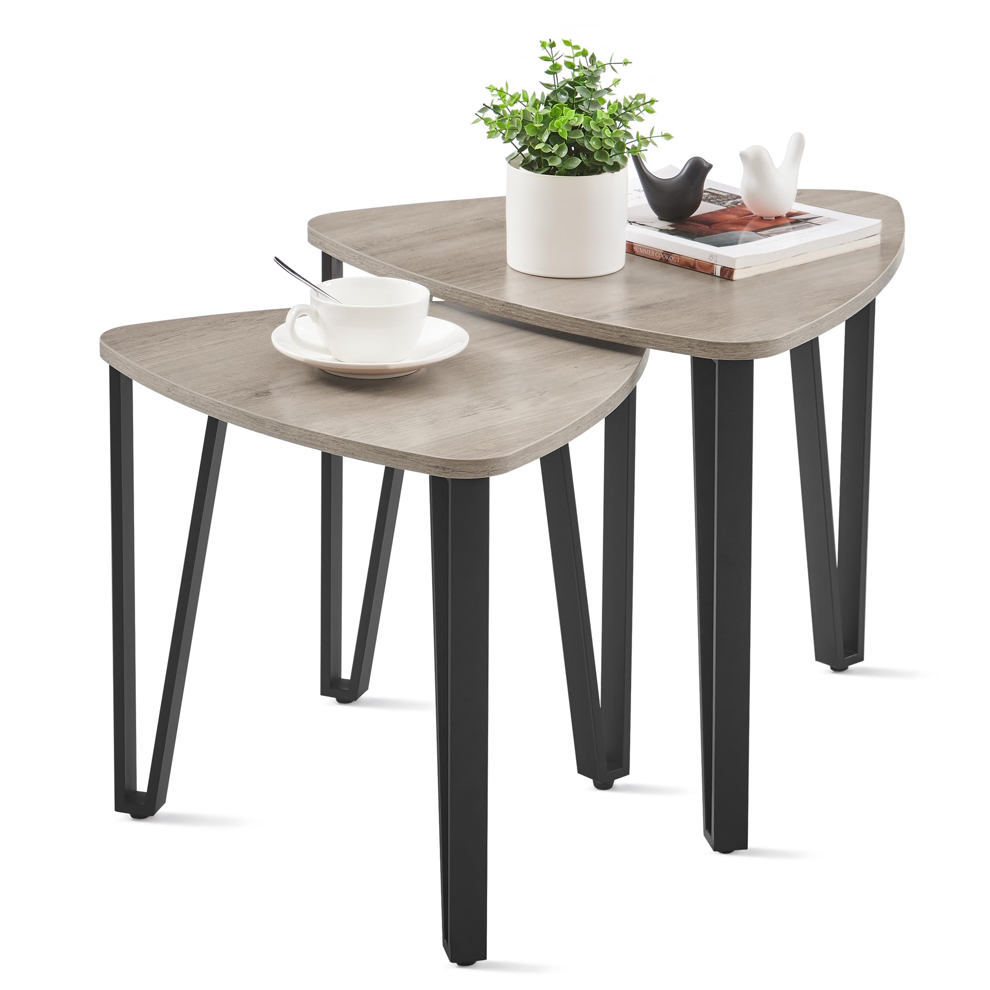 VASAGLE Nesting Coffee Tables, End Tables Set of 2 for Living Room Bedroom, Industrial Small Stacking Side Tables with Metal Frame for Couch, Heather Greige and Black ULET013B02
