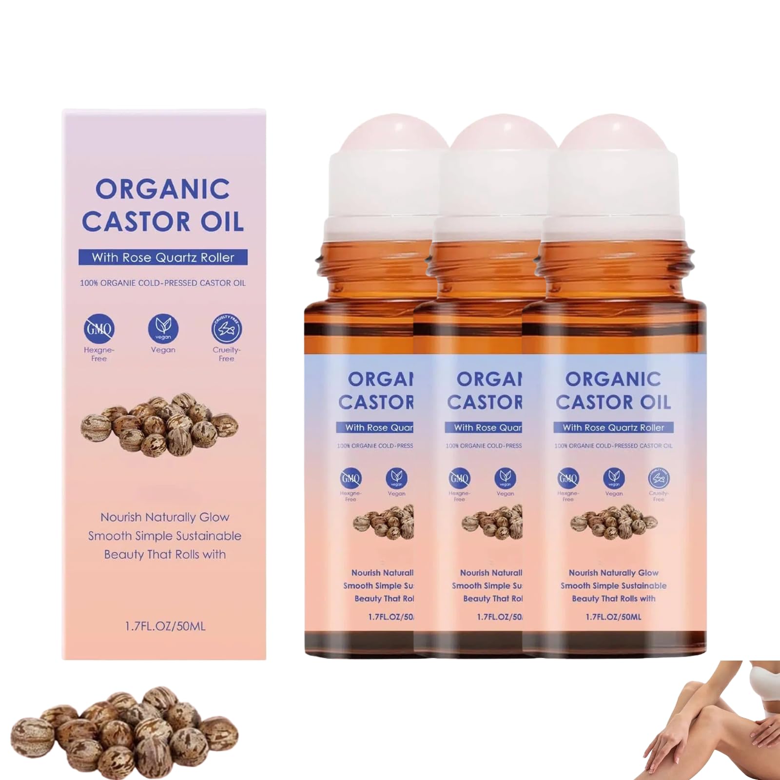 Organic Castor Oil, Pure Organic Cold-Pressed Castor Essential Oil Roller Ball for Skin Nourish, Suitable for All Skin Types (1 PCS) — view 3
