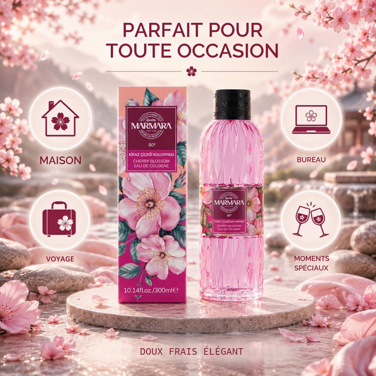MARMARA BEAUTY Eau de Cologne Fleurs de cerisier 300 ml – Alcool 80° – Parfum rafraîchissant pour femme – Eau parfumée pour femme – Rafraîchit – Fraîcheur & Fleuri – EDC Women – Eau de Cologne