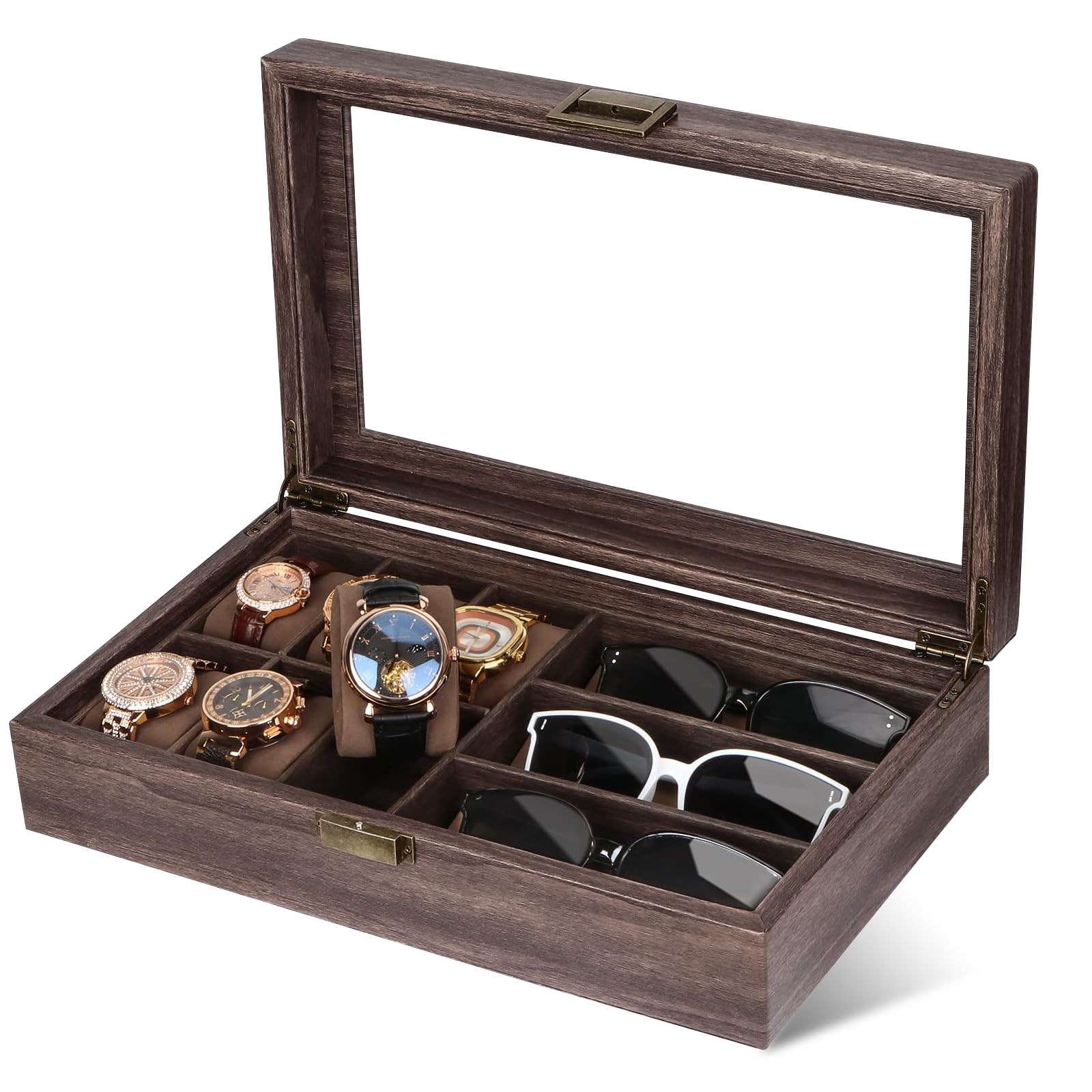Bois Boîte à lunettes en Cuir Écrin Boîte Montres pour 6 montres et 3 pièces de Rangement lunettes de soleil (39 * 21.5 * 8.5cm)