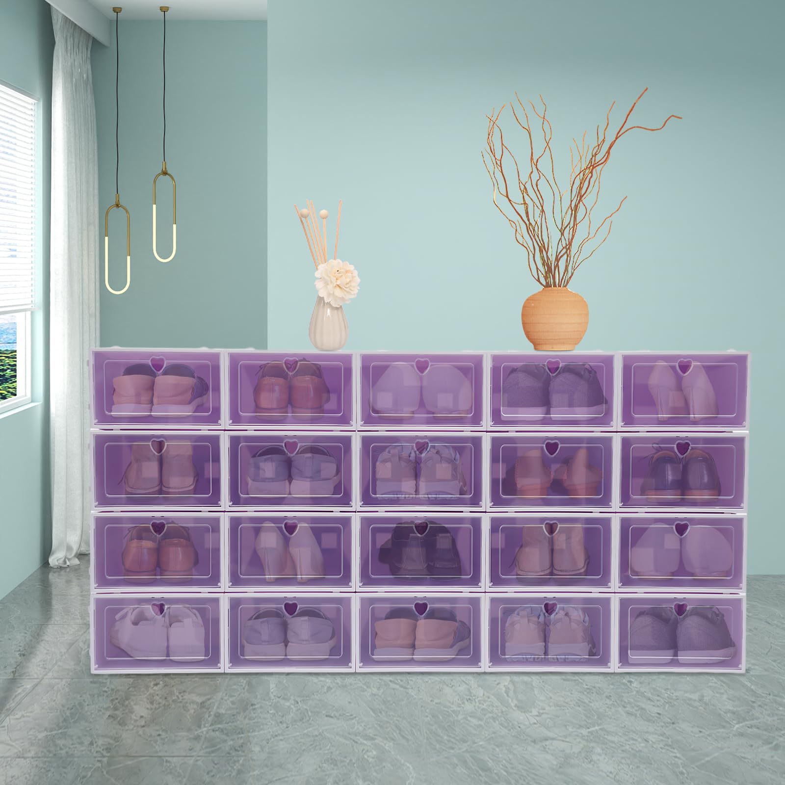 20 scatole trasparenti per scarpe, impilabili, pieghevoli, montaggio rapido, con coperchio, in plastica, trasparente, 33 x 23 x 14 cm