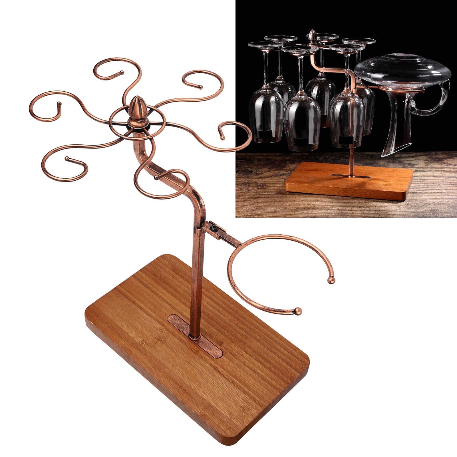 Ausla Soporte para copas de vino con soporte para botellas, soporte de mesa para 6 copas y 1 botella, soporte de exhibición de copas de vino de metal para cocina, salón y bar (bronce)