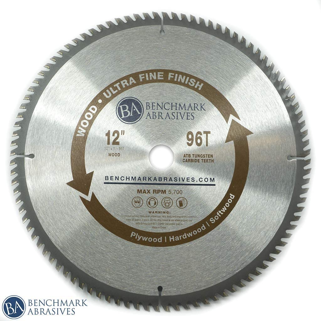 Benchmark Abrasives 12” TCT Saw Blade Tungsten Carbide Tipped Circular Saw Blade with 1" Arbor for Wood Cutting, 12 Inch Miter Saw Blade Woodworking on Soft & Hardwood (12" 96 Teeth)
