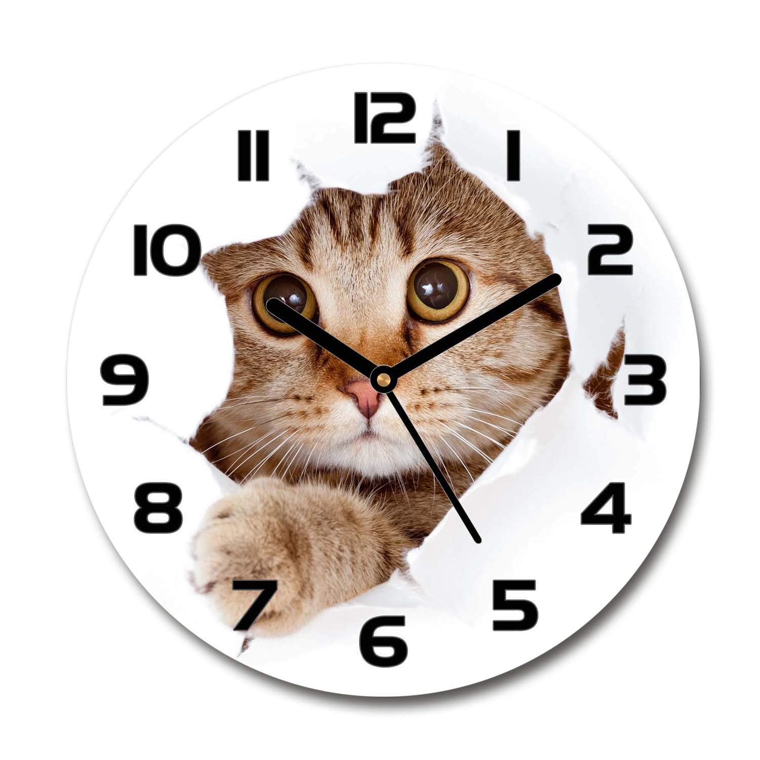 Horloge Murale Ronde En Verre - Design Chat Gris - 30 Cm - Mouvement Quartz
