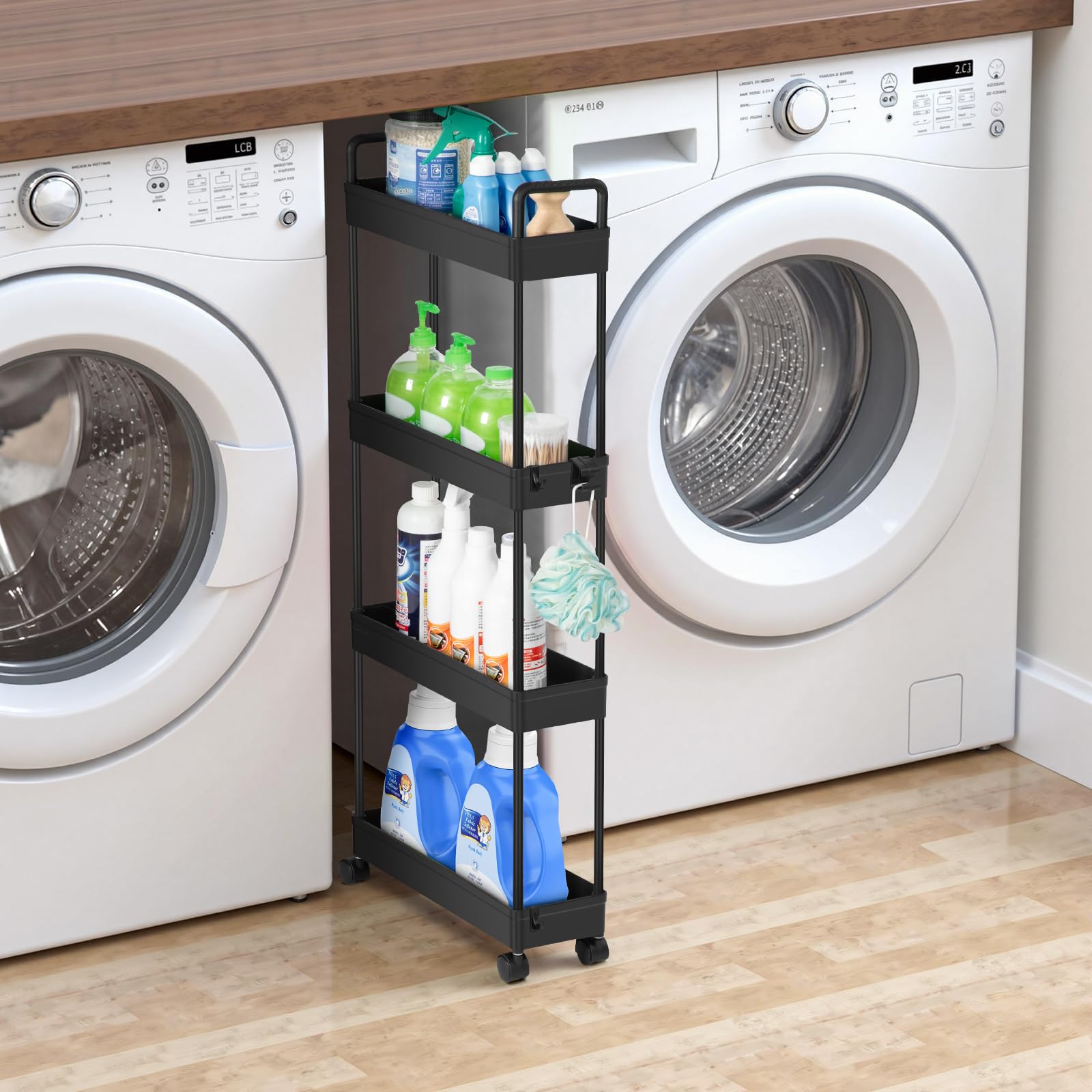 FoiiLiio Carrello Portaoggetti a 4 Livelli,Scaffale da Cucina Mobile,Carrello Bagno Salvaspazio,Carrellino Cucina Salvaspazio a Ruote,Carrello con Ruote per Ufficio,Bagno,Bianco,38.8 x 12.5 x 90.7cm
