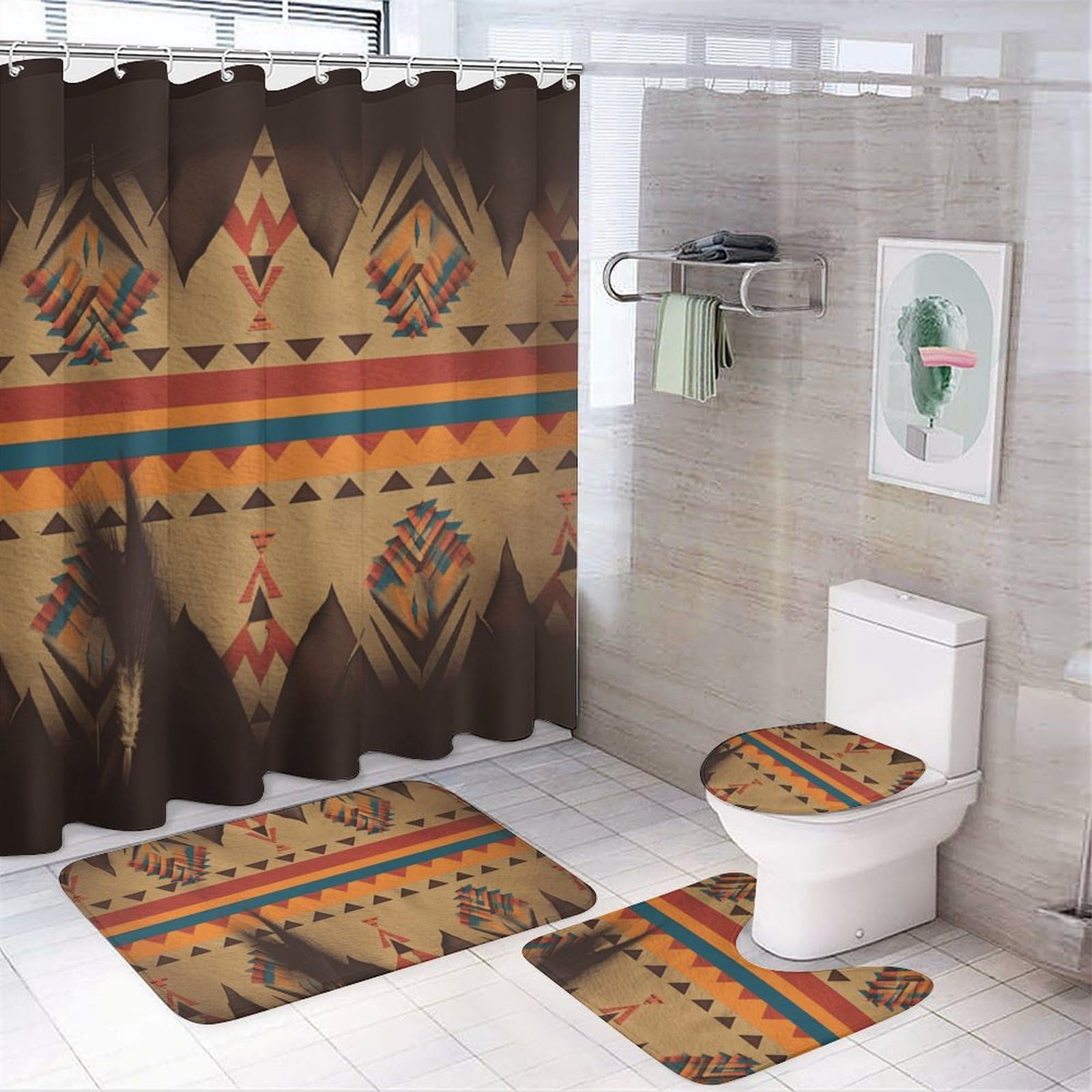 Rideau de douche amérindien et tapis assortis pour transformer votre salle de bain en spa