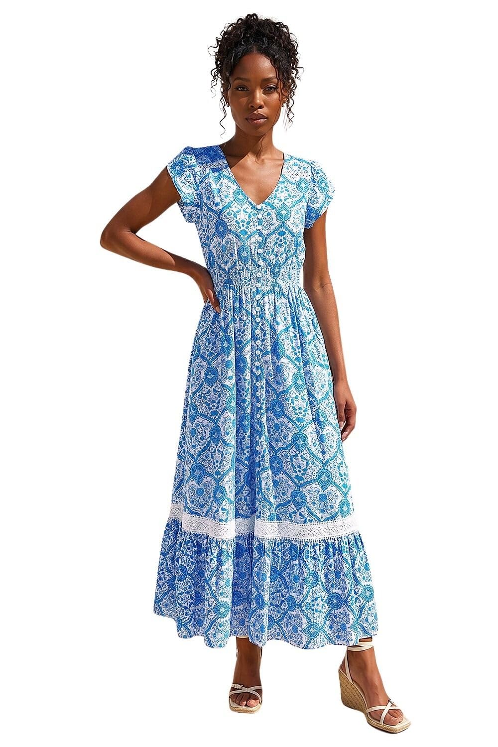 Roman Shirred Empire Waist Dress for Women UK Ladies Midi Maxi Summer Spring Tiered Frill Hem Short Sleeve V Neck Button Through Boho Bohemian Holiday Cruise