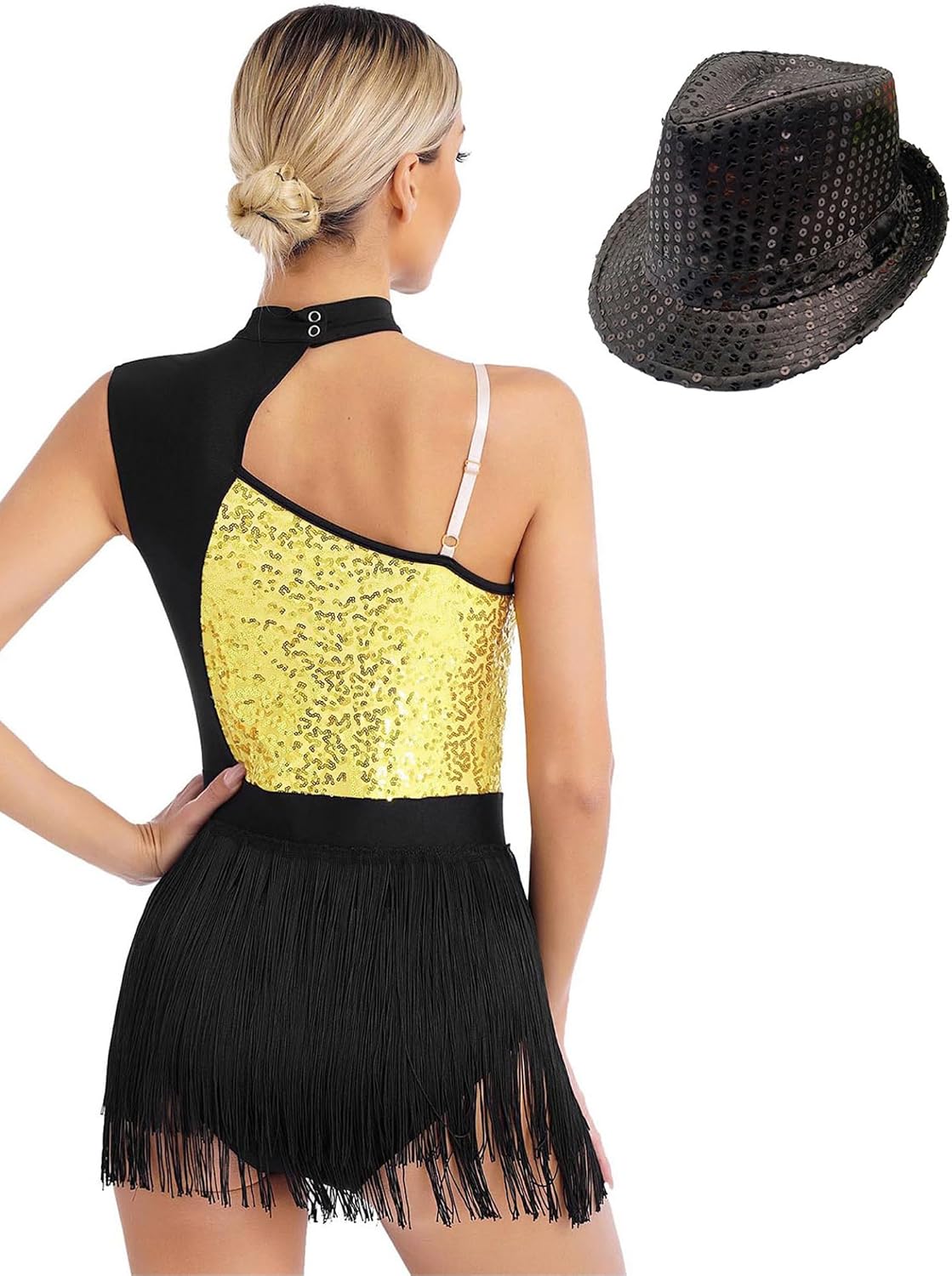 Women Latin Jazz Dance Leotard with Hat Cocktail Outfit | Sequin Fringe, Latin Dance Costumes, Gymnastic Leotard, Figure Skating Bodysuit, for Nightclub Prom Party Stage Performance