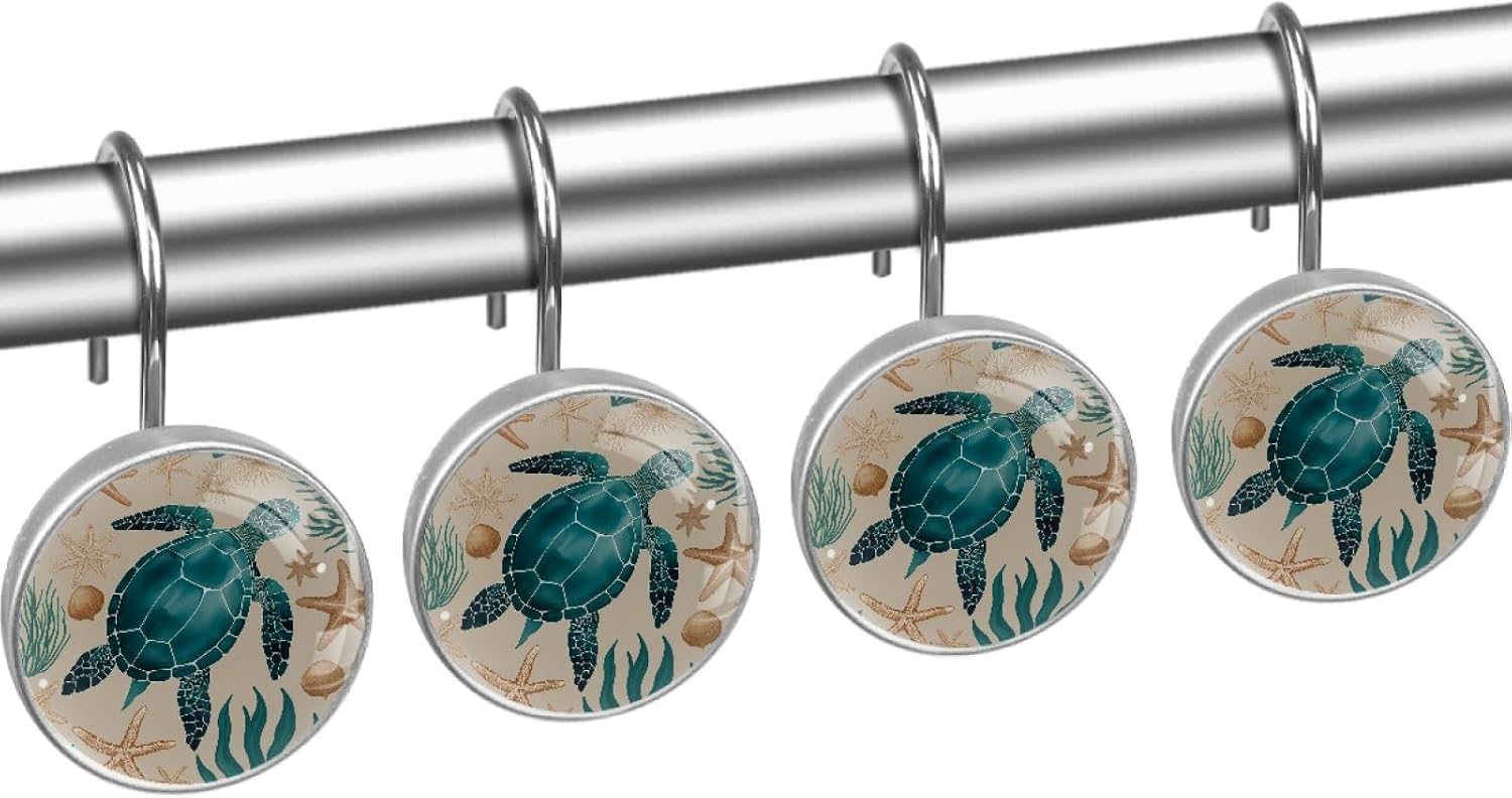 Vintage Nautical Ocean Turtle Shower Curtain Hooks, 12Pcs Decorative Rust Resistant Shower Rings for Shower Curtain Rods, Stainless Steel Round Curtain Hooks for Bathroom, Bedroom