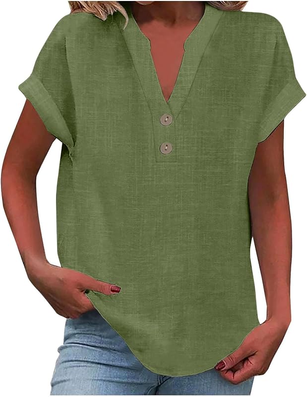 Linen Shirts for Women 2024 Summer Short Cap Sleeve Half Button V Neck Tunic Tops Trendy Casual Cotton Lounge Blouses