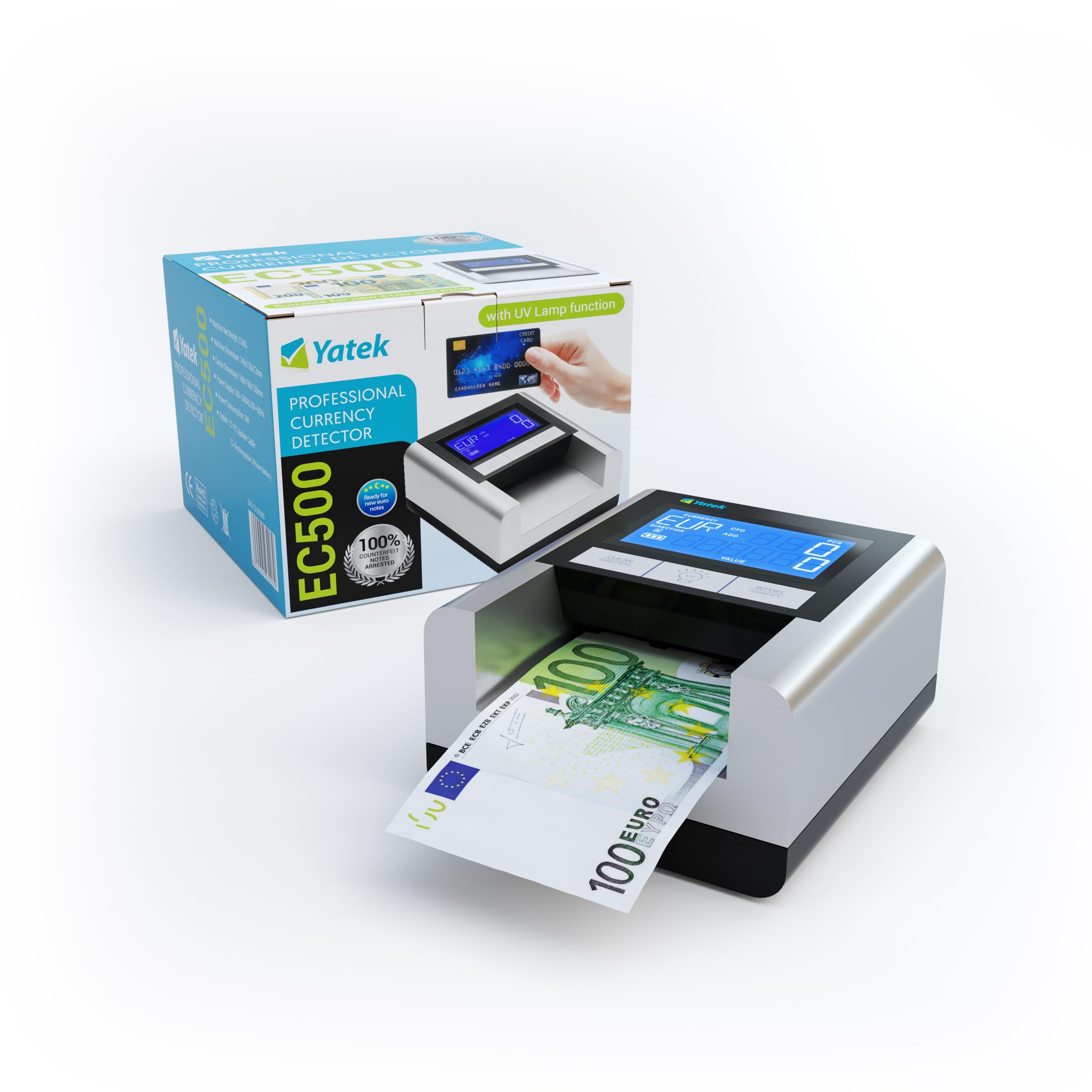 YATEK Rilevatore di banconote false EC500 con batteria inclusa e lampada UV per rilevamento assegni e carte di credito, pronto per tutte le nuove banconote Euro