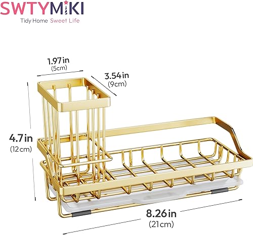 Miniatura 7 de SWTYMIKI Organizador de fregadero de cocina con soporte para cepillos desmontable, soporte de esponja de acero inoxidable con bandeja de goteo