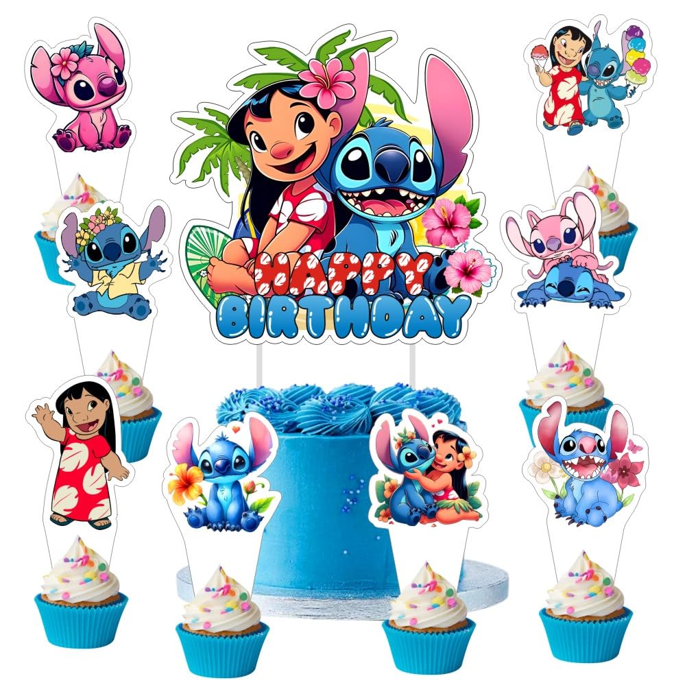 25 Pcs Cake Topper and Cupcake Toppers Set Birthday Party Supplies for Cartoon Blue Themed Birthday Decorations