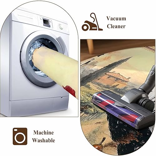 Miniatura 8 de 3ft Round Rug, Rooster Non-Skid Rubber Backing Large Area Rugs - Living Room Bedroom Home Office, Retro Pastoral Animals Watercolor Indoor Floor