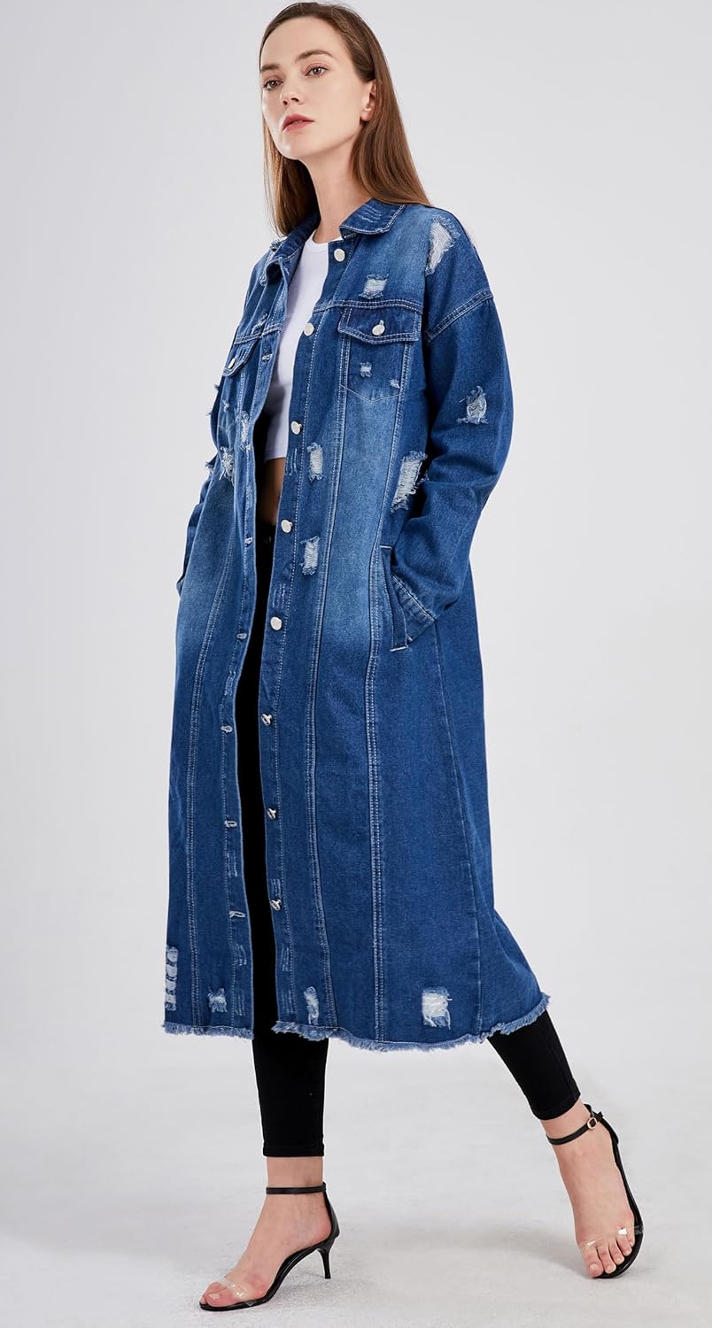 chouyatou Women's Spring Fashion Ripped Holes Maxi Long Denim Jacket Trench Coat - Image 5