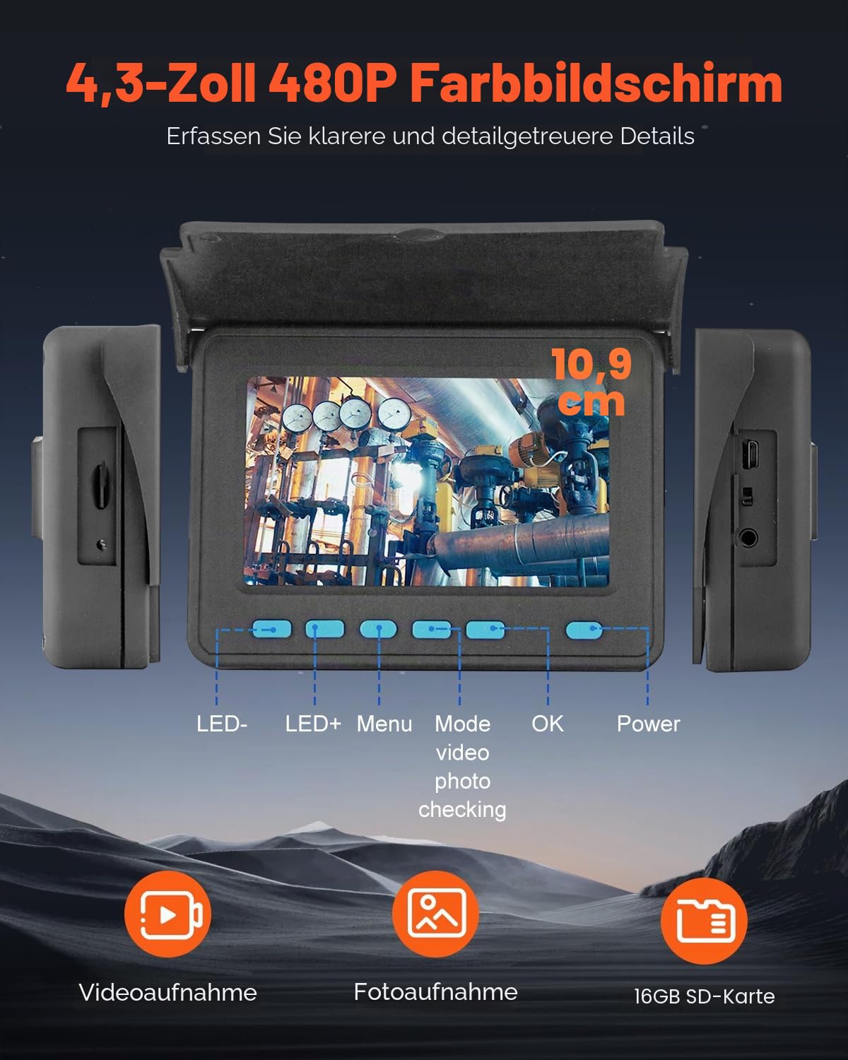 VEVOR Kanalkamera 30m, Rohrinspektionskamera mit 4,3 Zoll LCD Bildschirm 6 einstellbare LED 16 GB-Karte 3-facher Zoom 8500 mAh Hochleistungsakku, IP68 wasserdichte Sanitärkamera für Abwasserkanalrohre