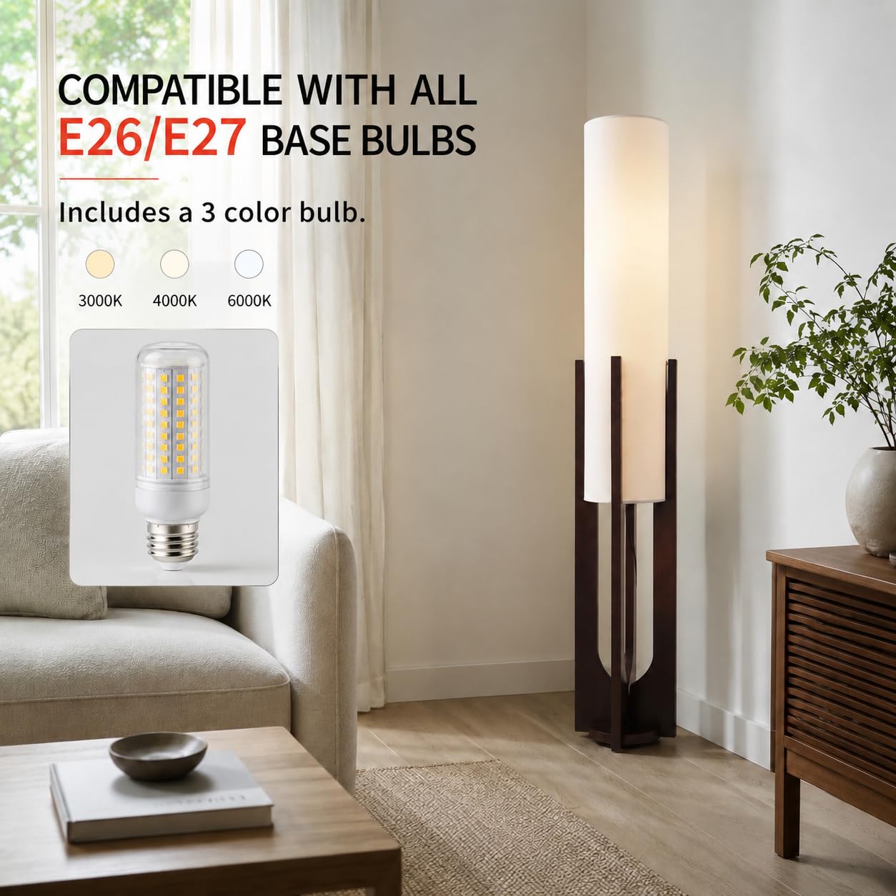 Lampadaire de salon 127 cm en bois, lanterne papier, 3 couleurs de lumière, Ampoule LED incluse, interrupteur au pied, style mid-century pour chambre, bureau, coin lecture et petits espaces