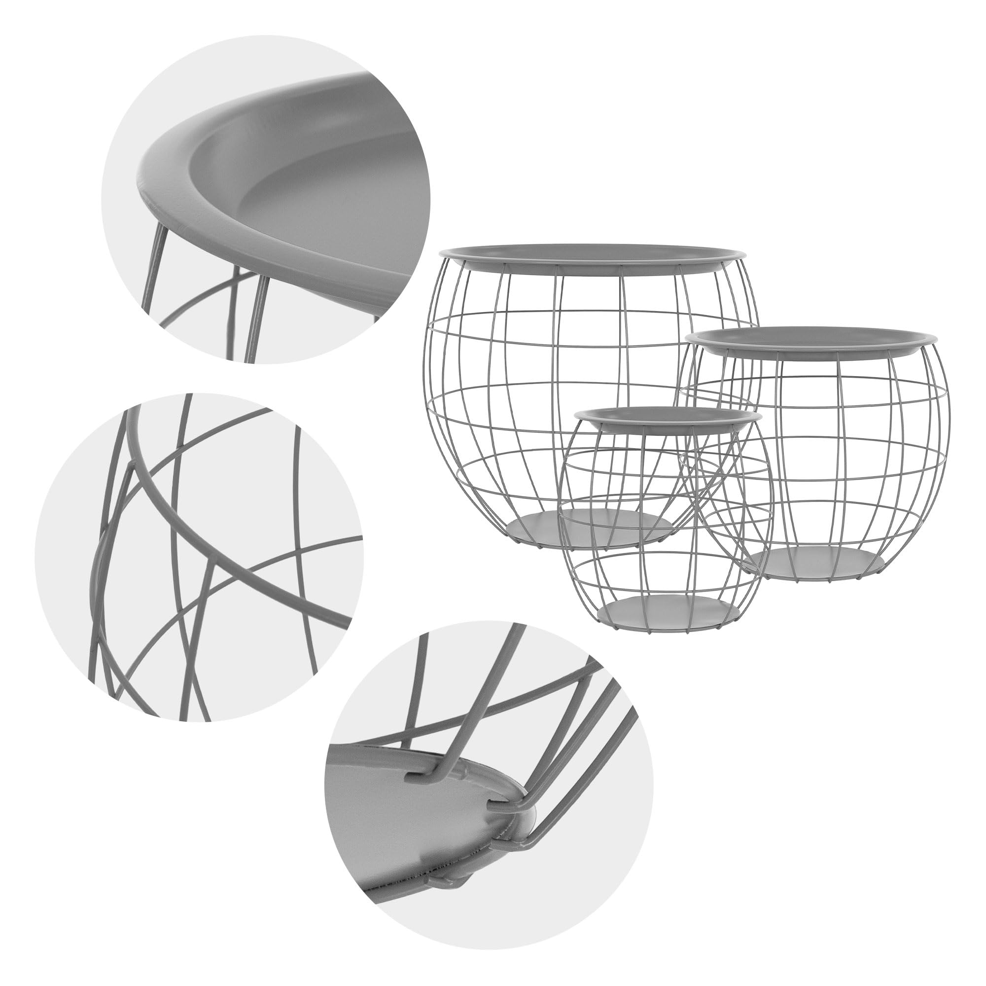 ML-Design Beistelltisch 3er Set, rund, Grau, Metallkörbe Couchtisch 3 Größen Ø31cm/Ø38cm/Ø47cm, Metall, Abnehmbarer Tischplatte, Stauraum, 3-TLG. Wohnzimmertische Sofatische Kaffeetische Satztische