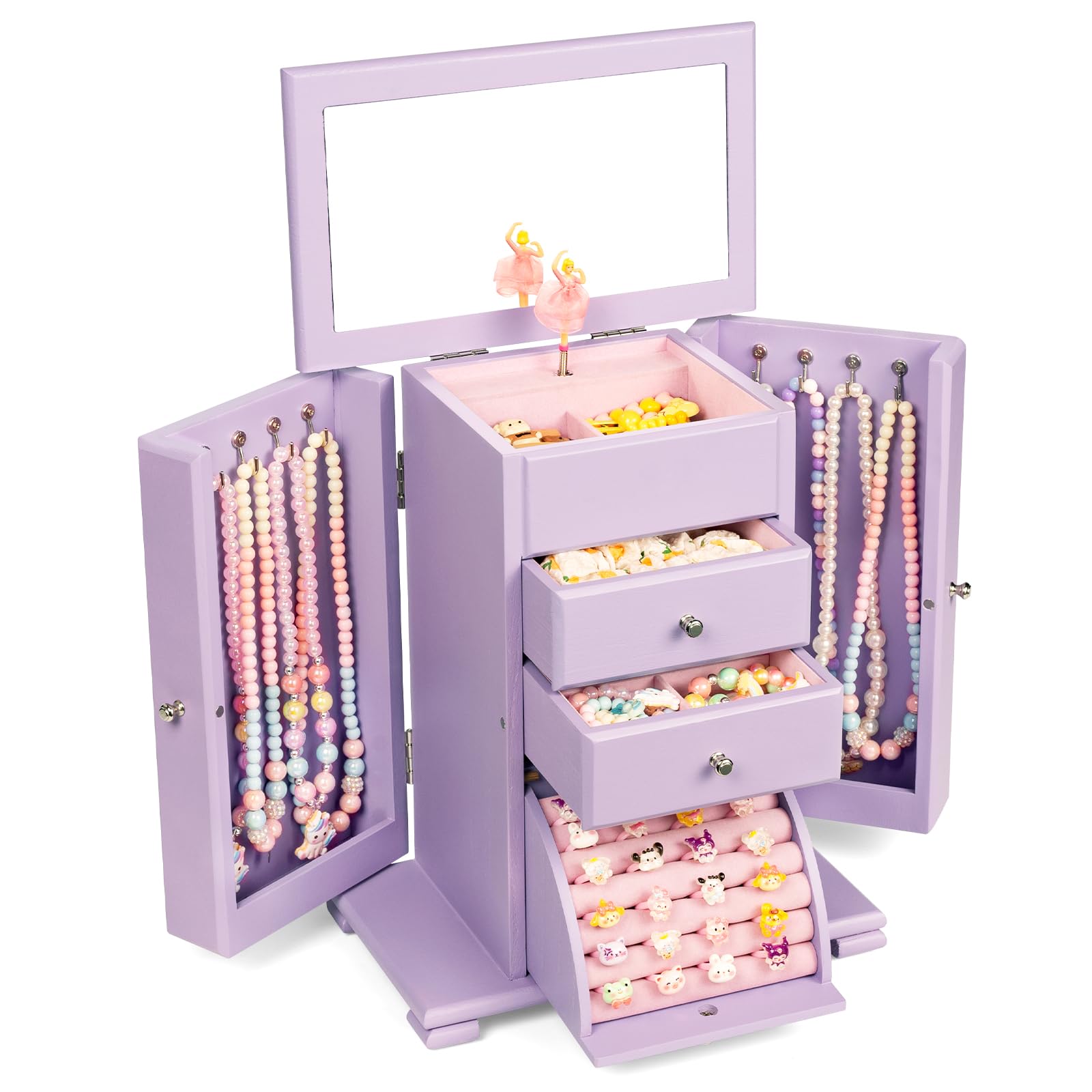 Boite a Bijoux Fille, 4 Niveaux Boîte à Bijoux Musicale Fille avec Danseuse en Rotation, Grande Boite a Musique Enfant en Bois pour enfants ans L'anniversaire de Cadeau(Violet)