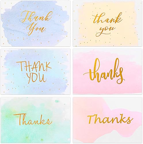 Paquete de 48 tarjetas de agradecimiento, tarjetas de felicitación de acuarela con lámina dorada, notas para bodas, despedidas de soltera, fiestas,