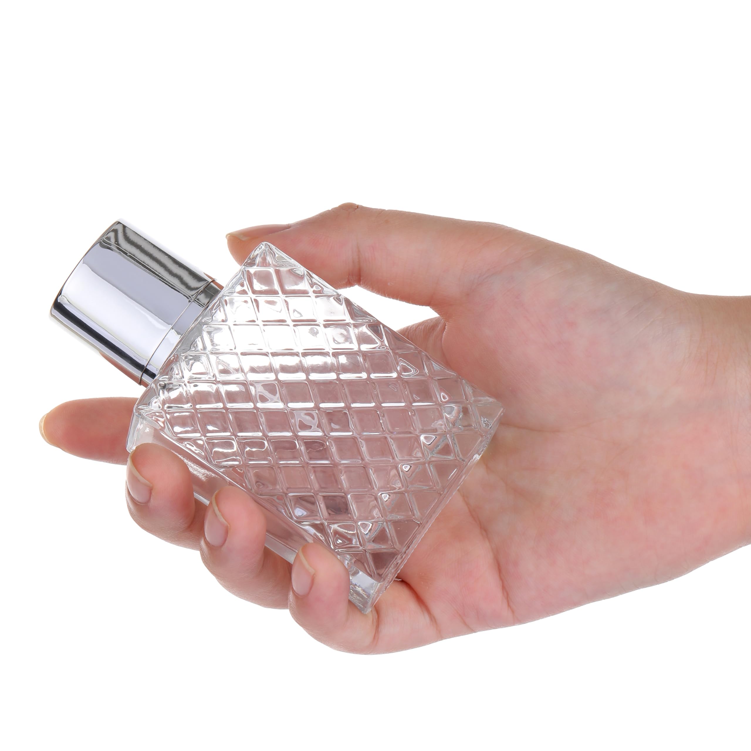 Bottiglia spray per profumo, da 50 ml / 1,7 fl.oz, con nebulizzatore trasparente, ricaricabile, in vetro, flacone vuoto, dispenser quadrato portatile, Argento, 1.7 Ounces
