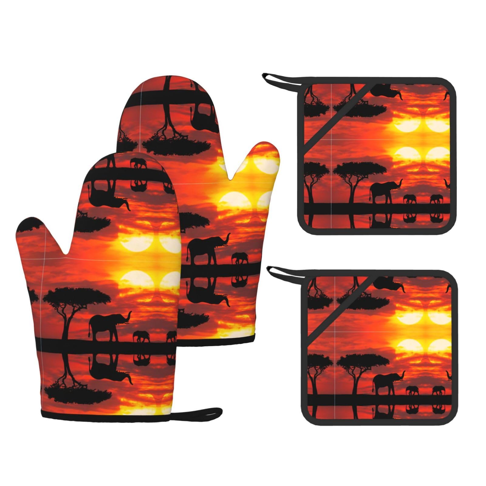 Elephant Sunset Printed Pot Holders and Oven Mitts 4-Piece, Non-Slip Kitchen Gloves with Utensil Pocket for BBQ