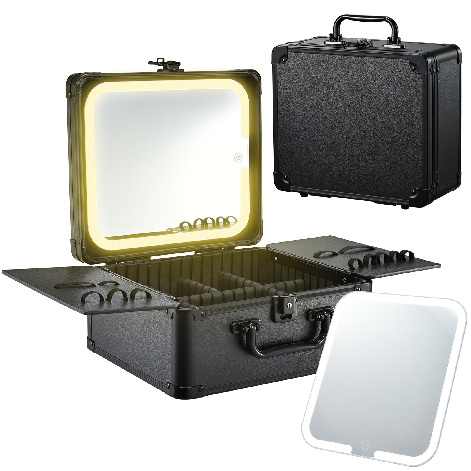Valigetta Trucchi Professionale con Specchio LED Magnetico Illuminato a 3 Colori Beauty Case Portatile Nero con Serratura Scomparti e Portapennelli Ideale anche come Valigia per Trucchi, Nero