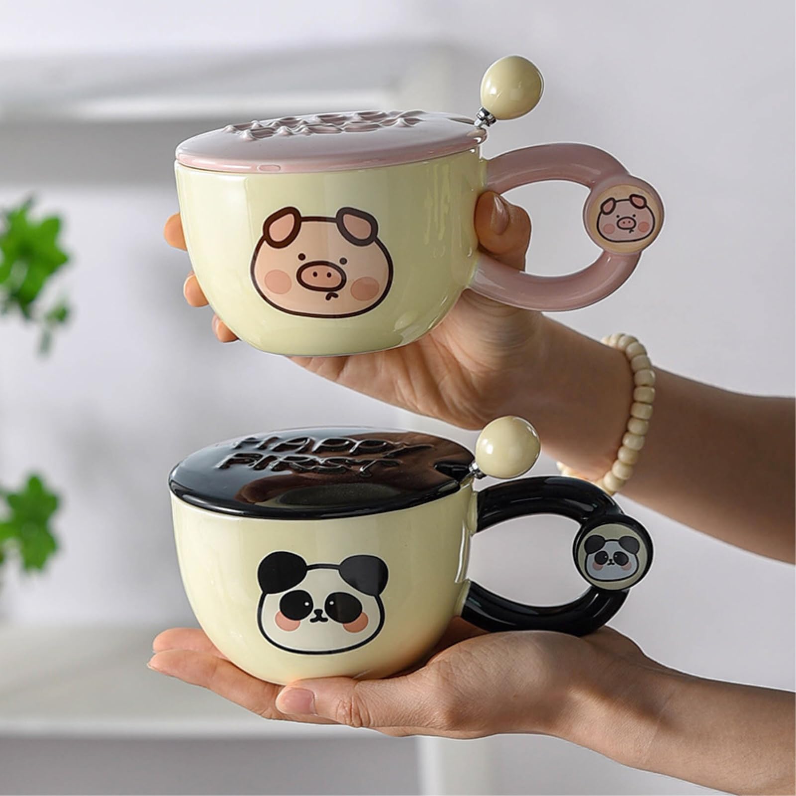 Taza de desayuno de 400 ml con cuchara de boca ancha para parejas, cerdo, 400 ml