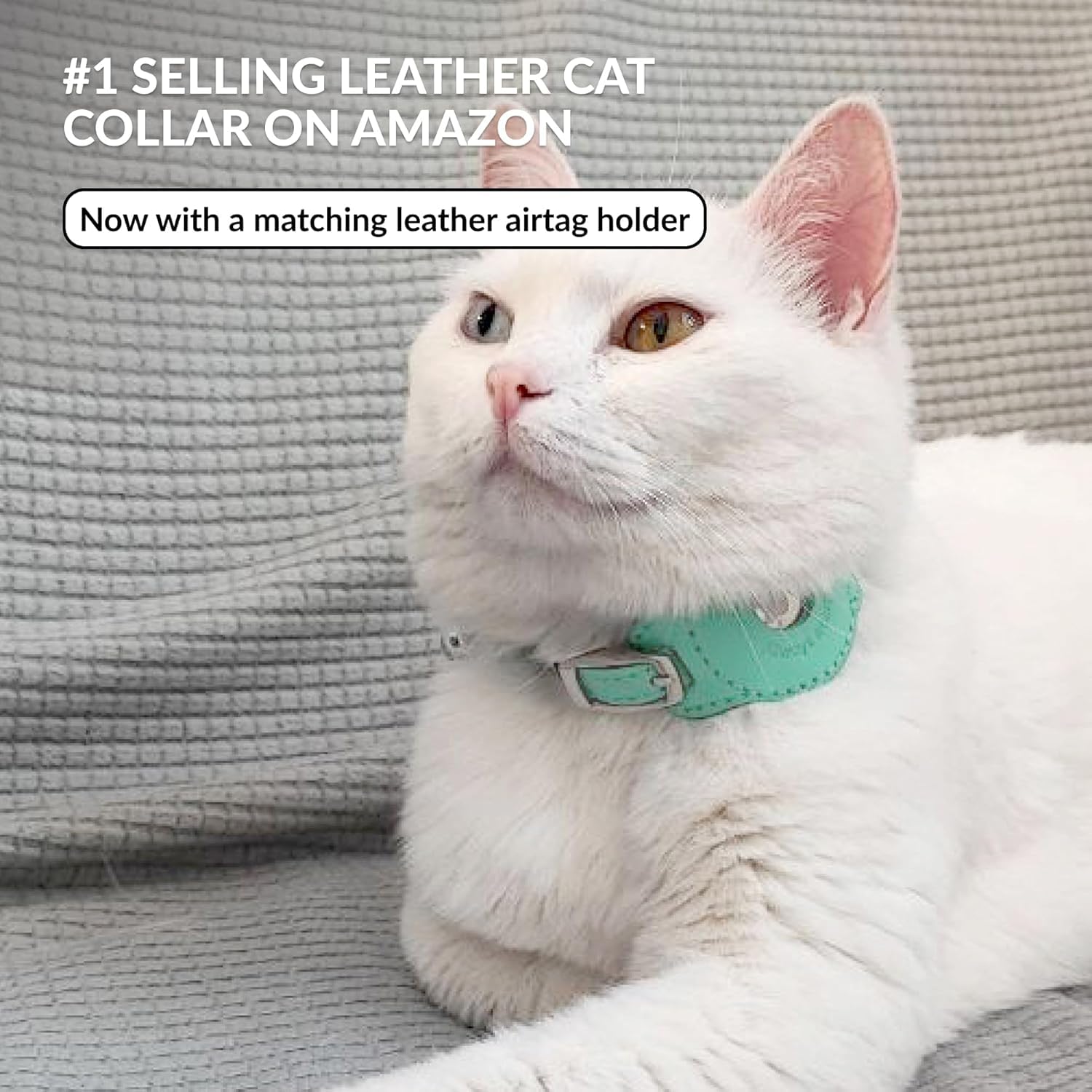 CollarDirect Airtag Cat Colar with QR Tag and Bell - Leather Cat Collar with Airtag Holder and Elastic Strap for Kittens, Small Large Cats - Collar for Girl Boy Cats (Mint Green, Neck Size 8