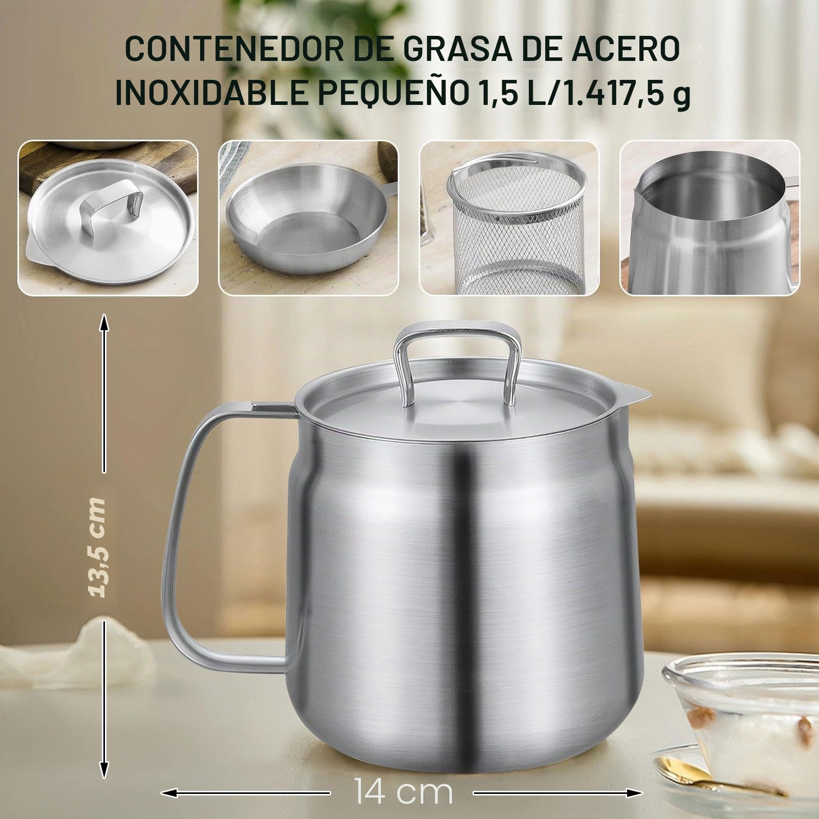 Olla de filtro de aceite de acero inoxidable 304 con cesta de filtro y malla, tapa a prueba de polvo y bandeja antideslizante con asa para almacenar, freír y cocinar grasa (1,5 L)