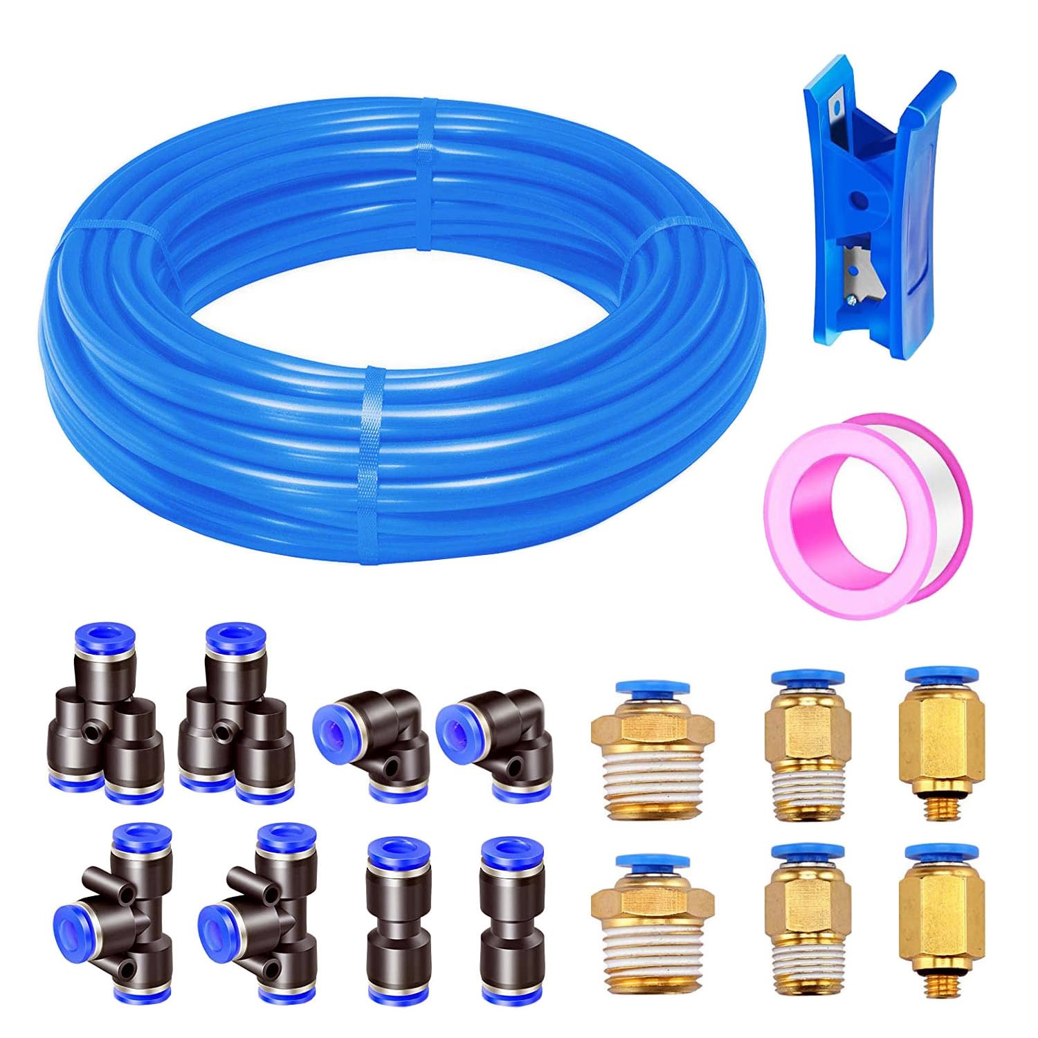 Manguera neumática HUAZIZ azul de 10 m de PU, manguera neumática de poliuretano de 5/16 pulgadas, diámetro exterior de 8 mm con 14 conectores neumáticos + 1 cortador de manguera