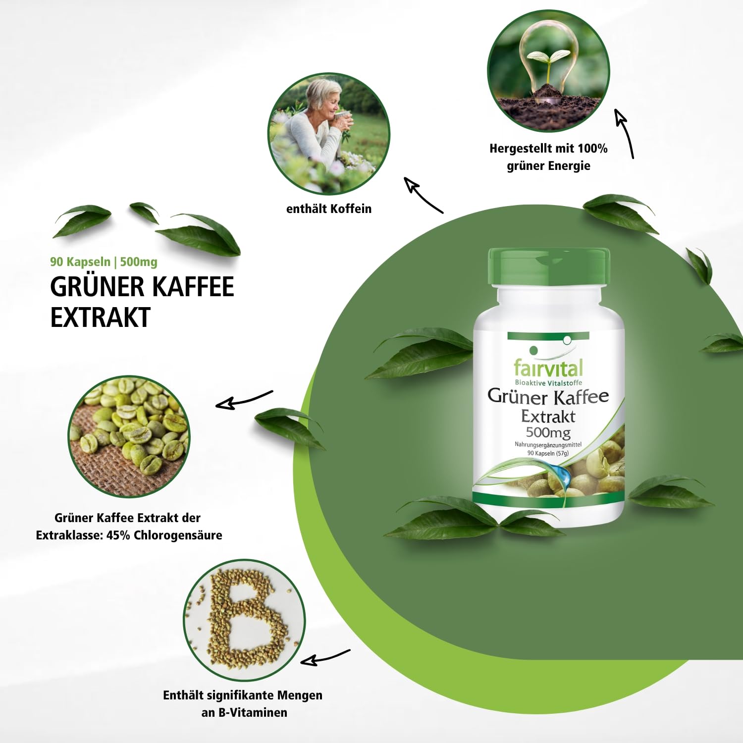 fairvital Grüner Kaffee Extrakt 500mg, 90 Kapseln, schluckfreundlich, HOCHDOSIERT, standardisiert auf 45% Chlorogensäure, VEGAN